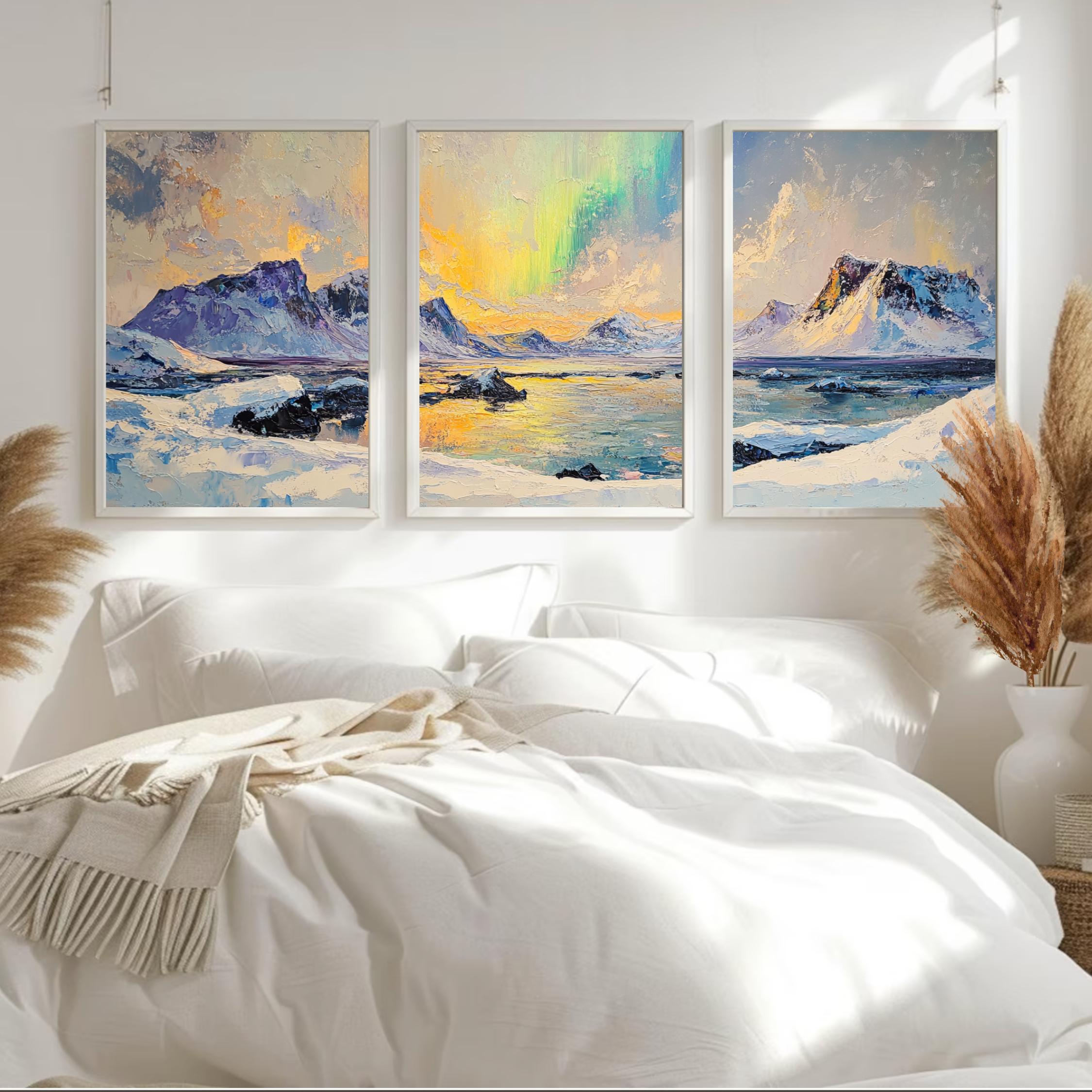 Northern Lights 3-Panel Wall Art – Arctic Landscape Painting, Aurora Borealis Over Snowy Mountains
