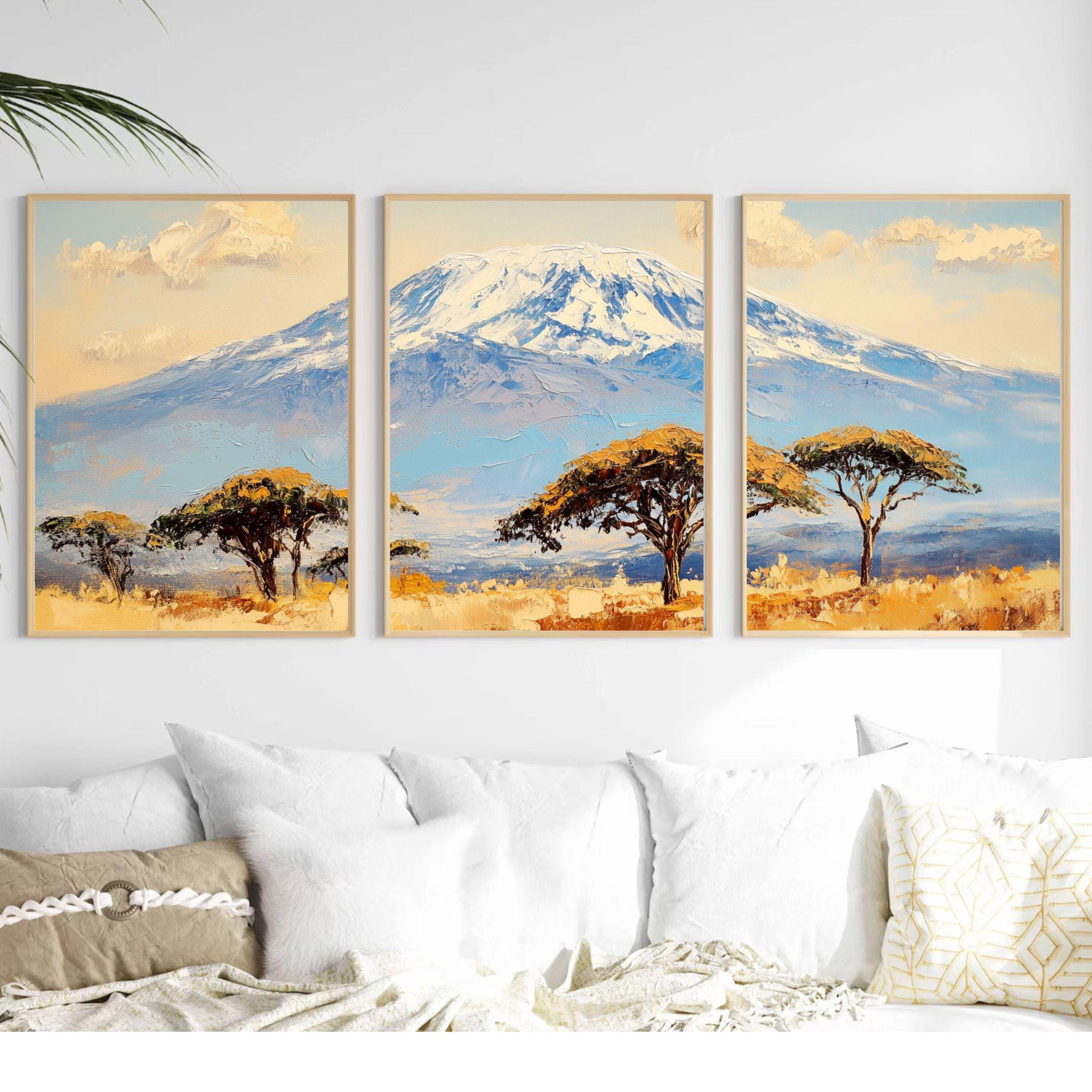 Mount Kilimanjaro 3-Panel Wall Art – African Landscape Painting, Serengeti Safari Triptych