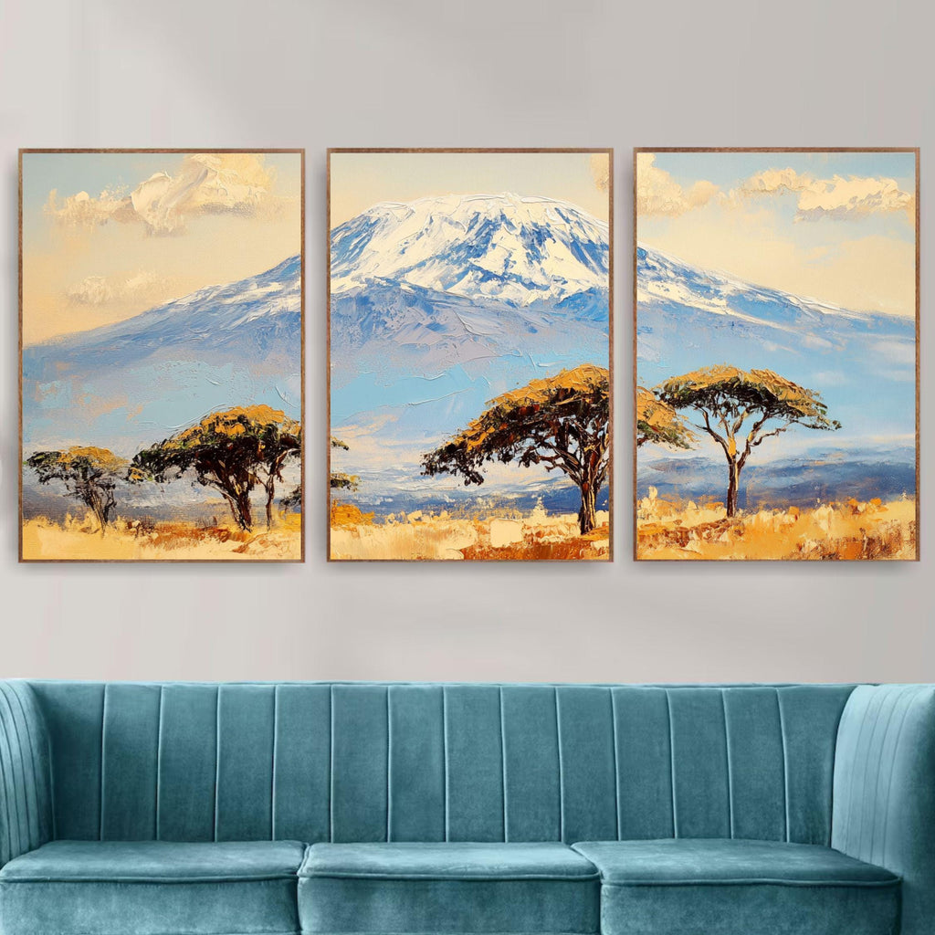 Mount Kilimanjaro 3-Panel Wall Art – African Landscape Painting, Serengeti Safari Triptych