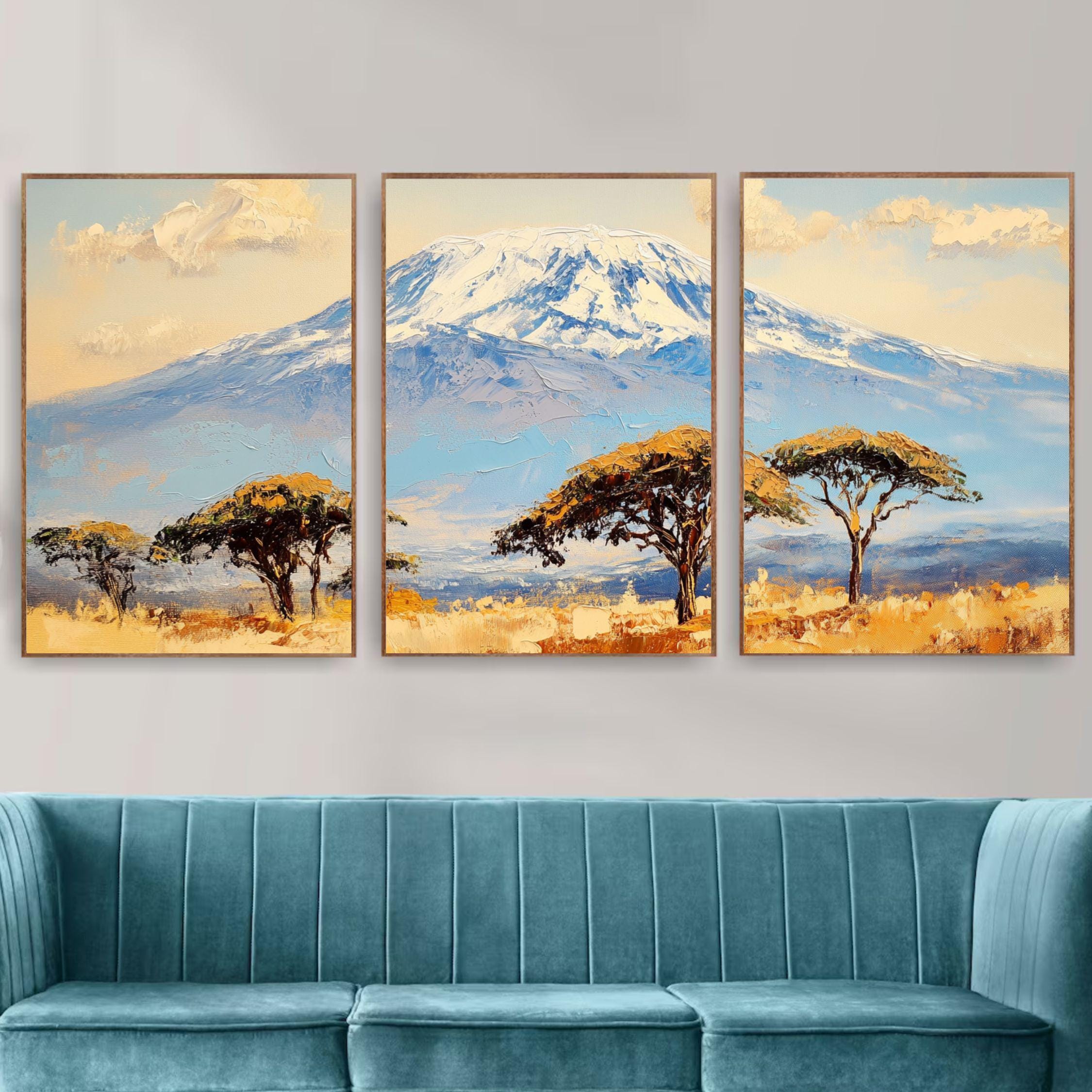 Mount Kilimanjaro 3-Panel Wall Art – African Landscape Painting, Serengeti Safari Triptych