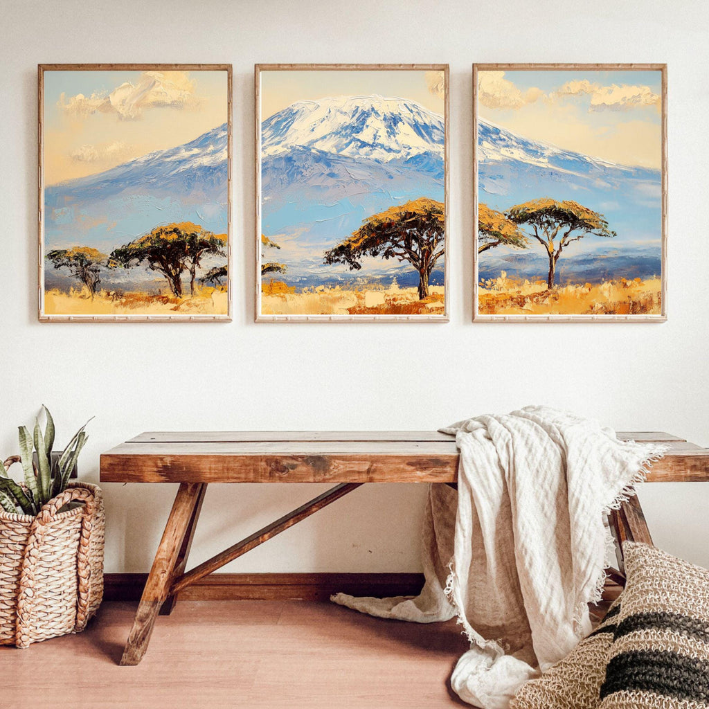 Mount Kilimanjaro 3-Panel Wall Art – African Landscape Painting, Serengeti Safari Triptych