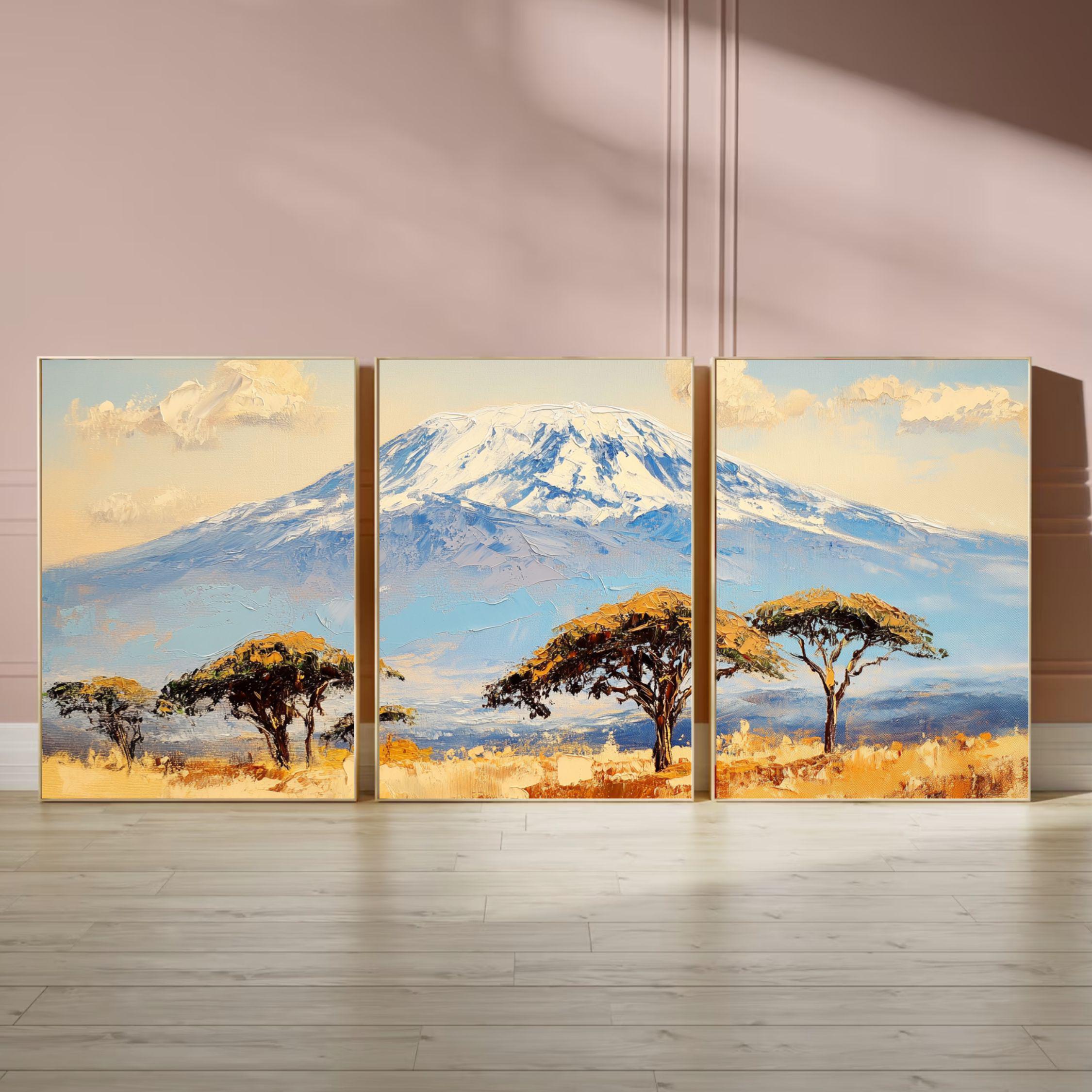 Mount Kilimanjaro 3-Panel Wall Art – African Landscape Painting, Serengeti Safari Triptych