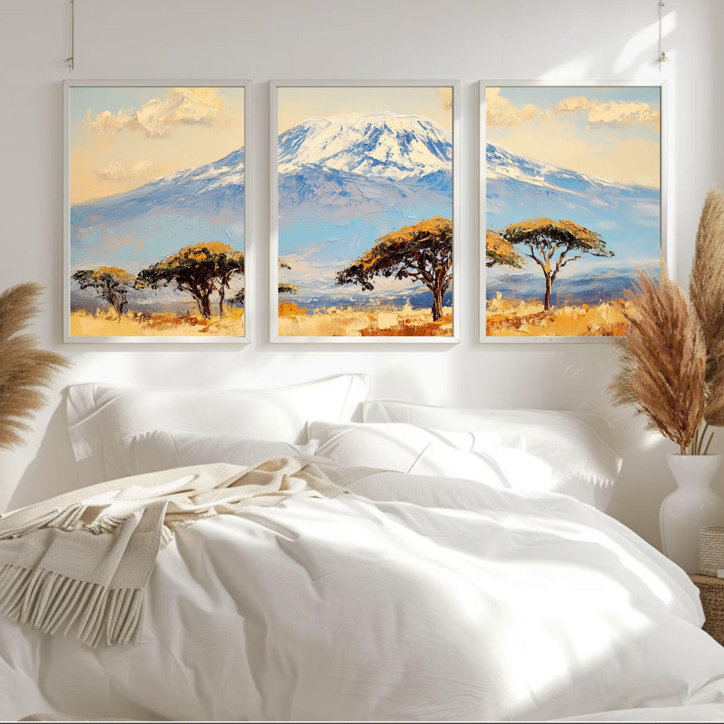 Mount Kilimanjaro 3-Panel Wall Art – African Landscape Painting, Serengeti Safari Triptych