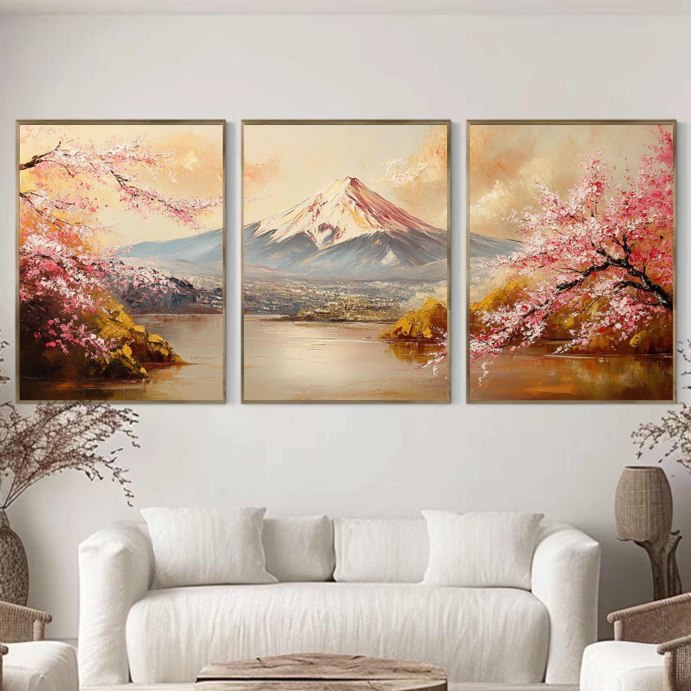 Mount Fuji & Cherry Blossoms 3-Panel Wall Art – Japanese Landscape Painting, Sakura Spring Triptych