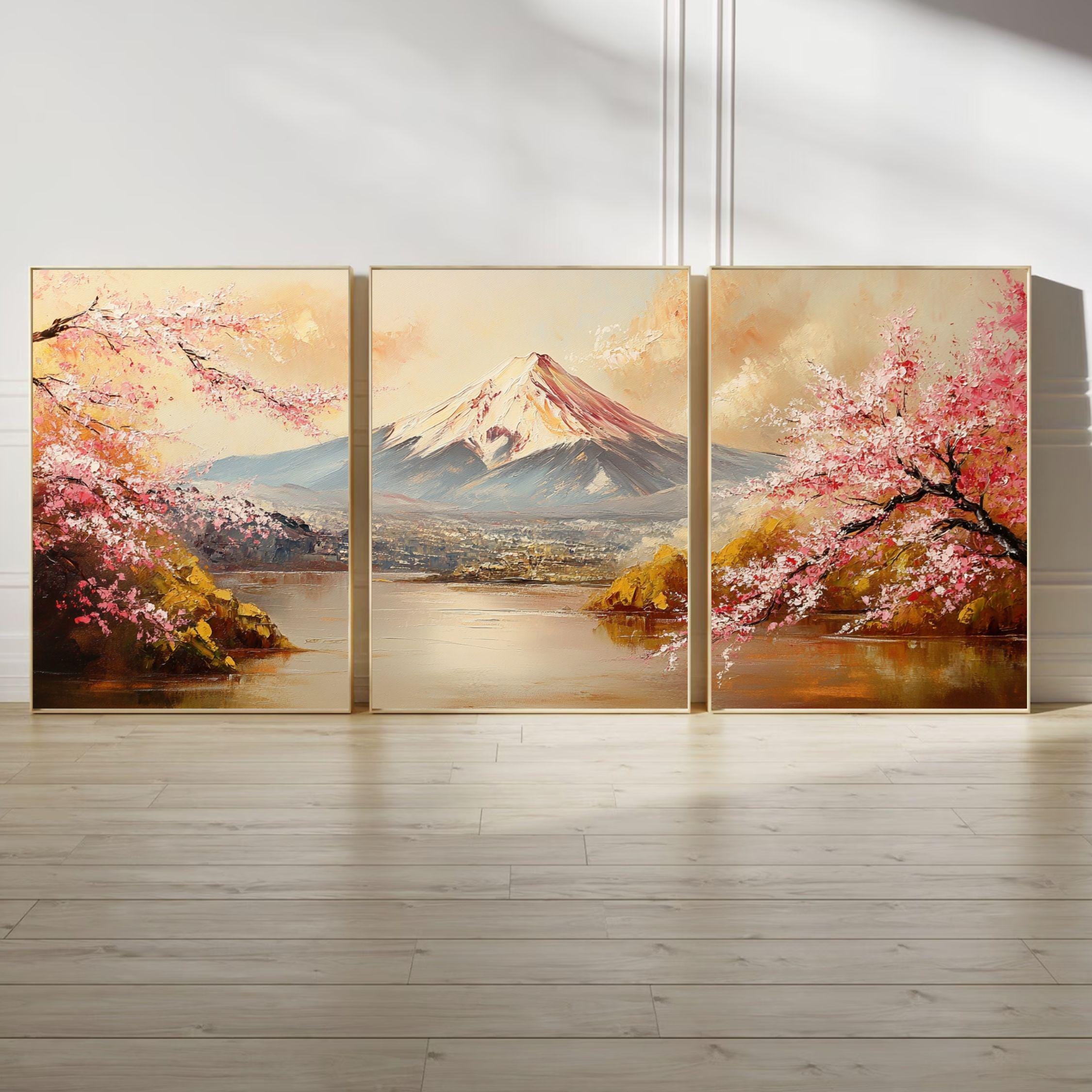 Mount Fuji & Cherry Blossoms 3-Panel Wall Art – Japanese Landscape Painting, Sakura Spring Triptych