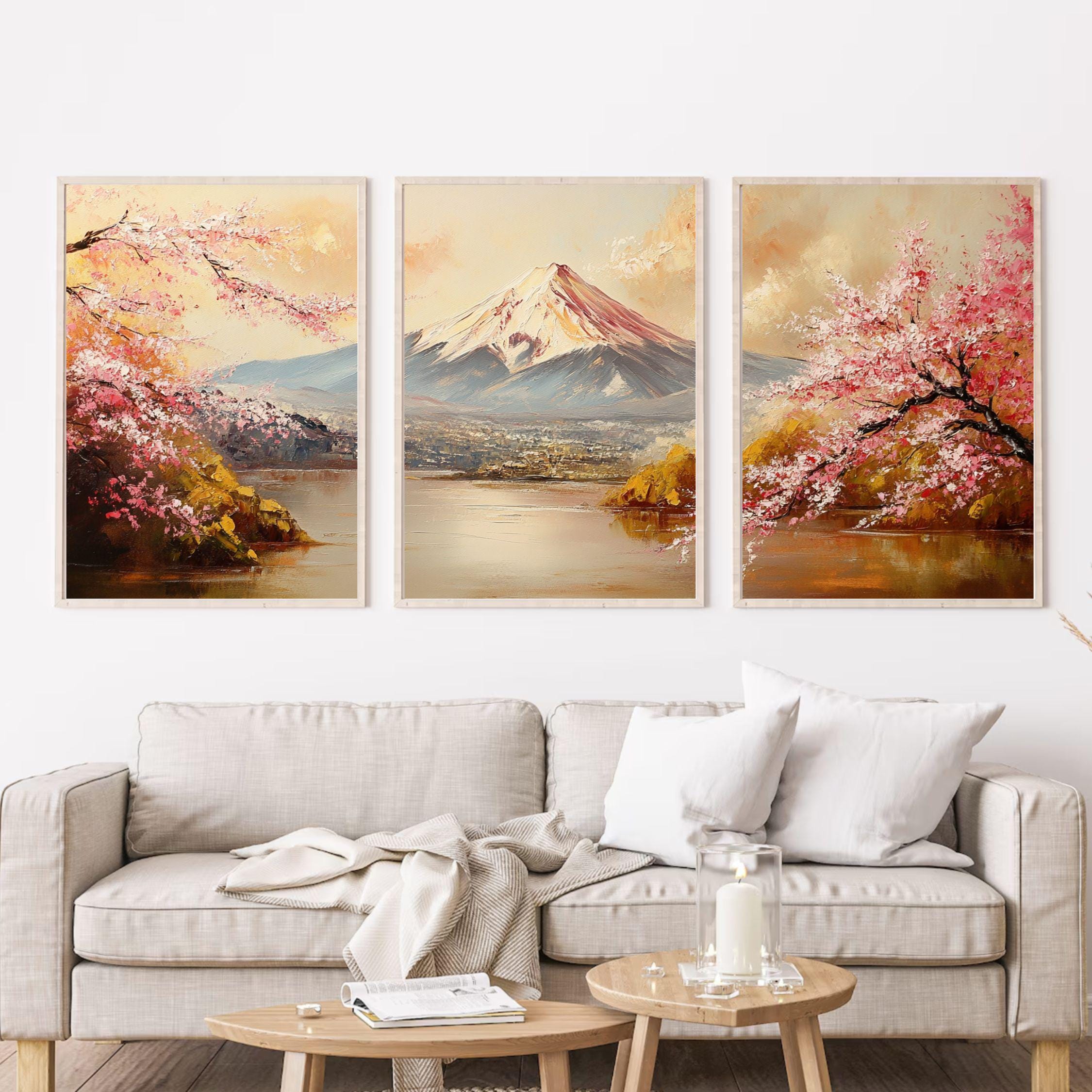 Mount Fuji & Cherry Blossoms 3-Panel Wall Art – Japanese Landscape Painting, Sakura Spring Triptych