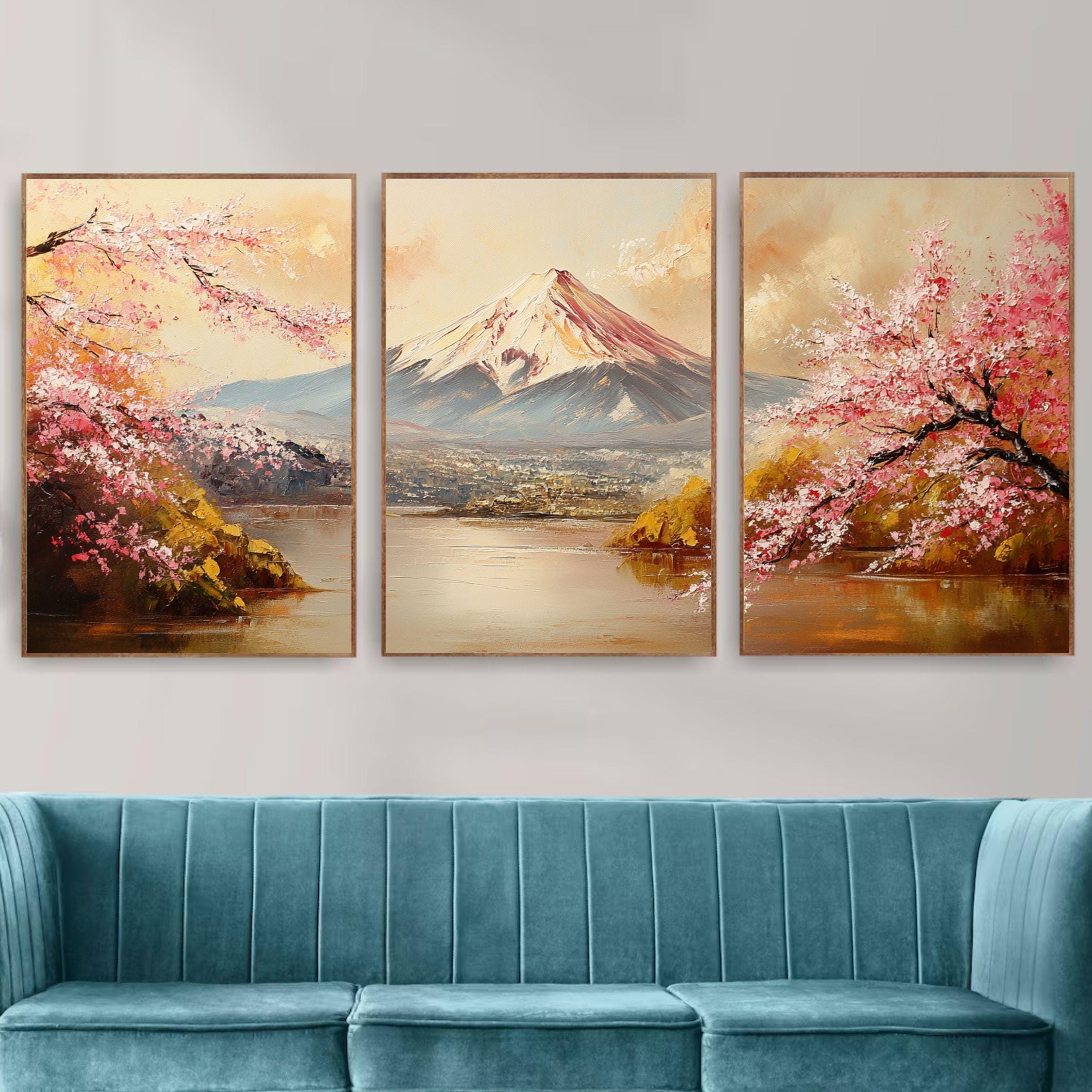 Mount Fuji & Cherry Blossoms 3-Panel Wall Art – Japanese Landscape Painting, Sakura Spring Triptych