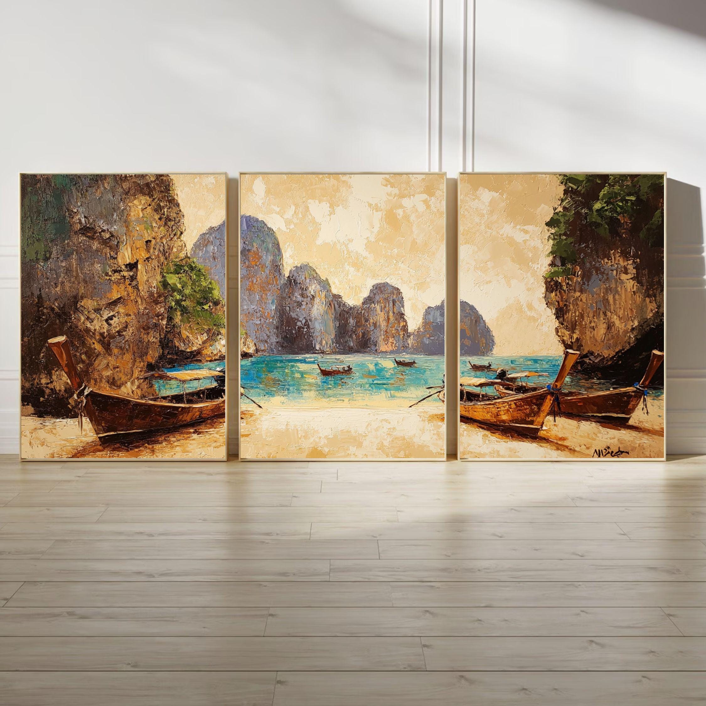 Maya Bay Thailand 3-Panel Wall Art – Tropical Beach Painting, Longtail Boats & Limestone Cliffs Triptych