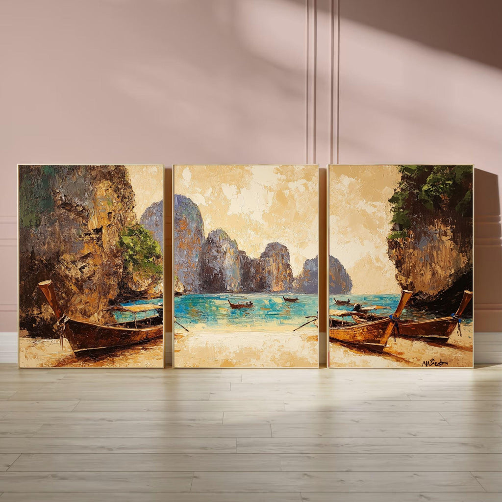 Maya Bay Thailand 3-Panel Wall Art – Tropical Beach Painting, Longtail Boats & Limestone Cliffs Triptych