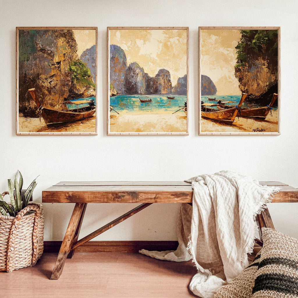 Maya Bay Thailand 3-Panel Wall Art – Tropical Beach Painting, Longtail Boats & Limestone Cliffs Triptych