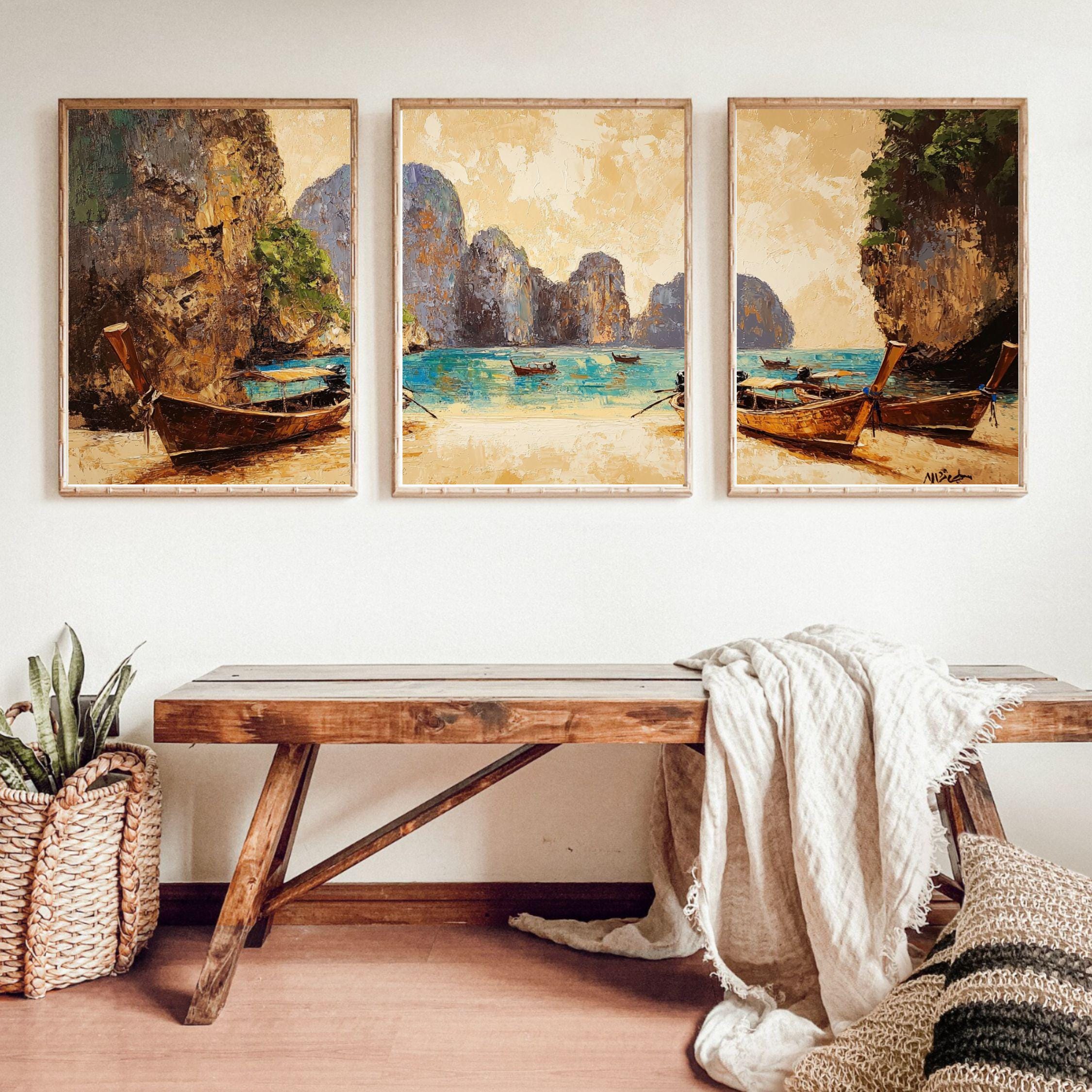 Maya Bay Thailand 3-Panel Wall Art – Tropical Beach Painting, Longtail Boats & Limestone Cliffs Triptych