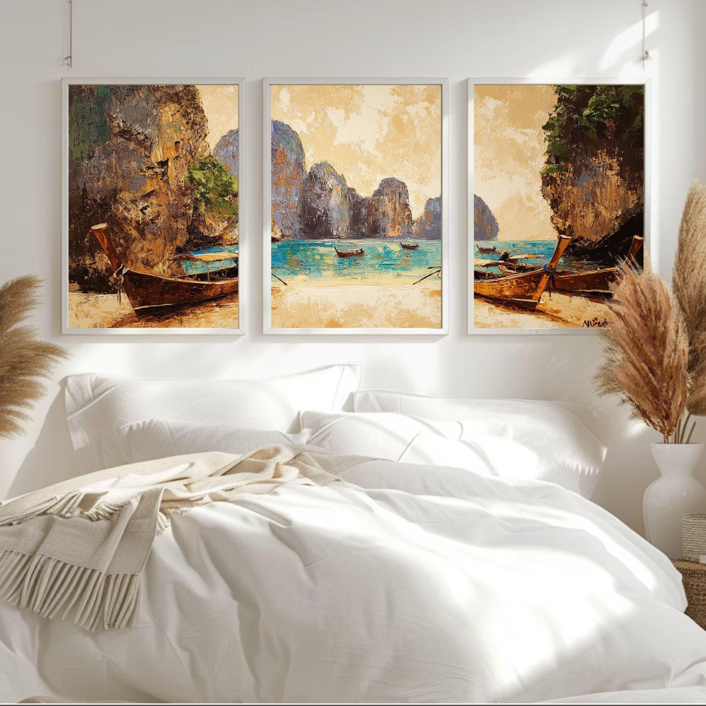 Maya Bay Thailand 3-Panel Wall Art – Tropical Beach Painting, Longtail Boats & Limestone Cliffs Triptych