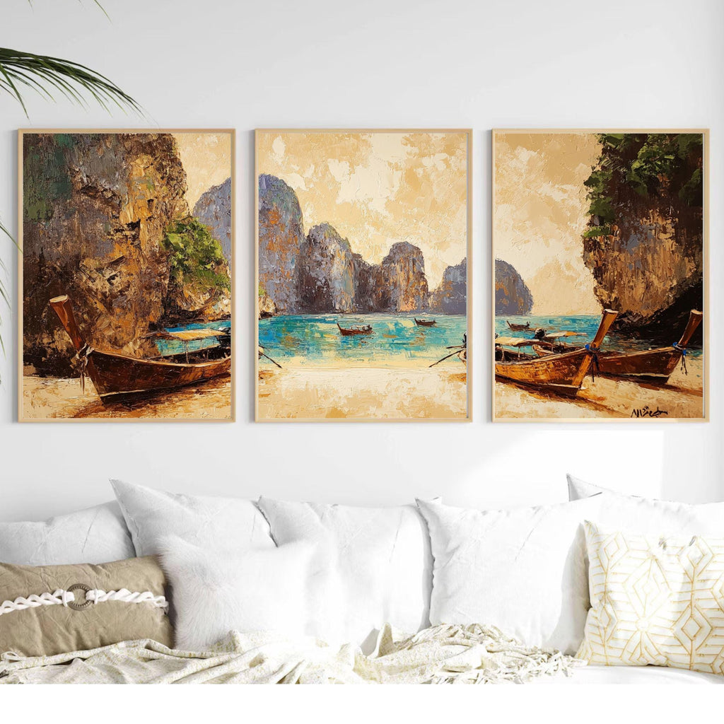 Maya Bay Thailand 3-Panel Wall Art – Tropical Beach Painting, Longtail Boats & Limestone Cliffs Triptych