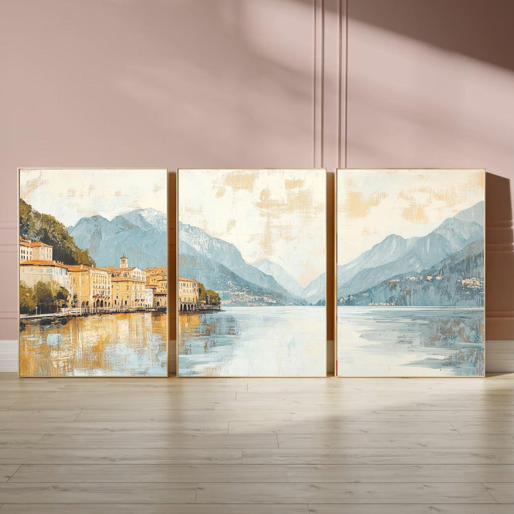 Lake Como Italy 3-Panel Wall Art – Elegant European Landscape Painting, Italian Villa & Mountain Triptych