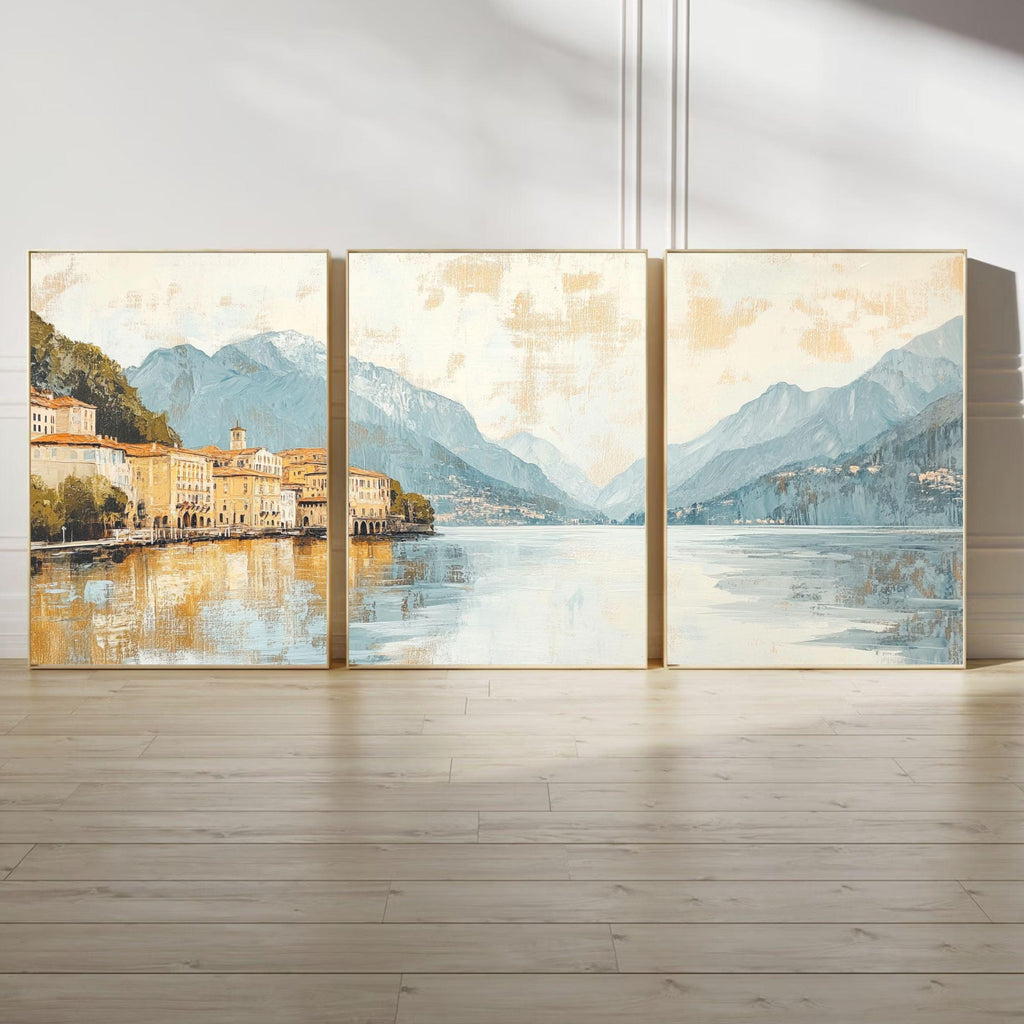 Lake Como Italy 3-Panel Wall Art – Elegant European Landscape Painting, Italian Villa & Mountain Triptych