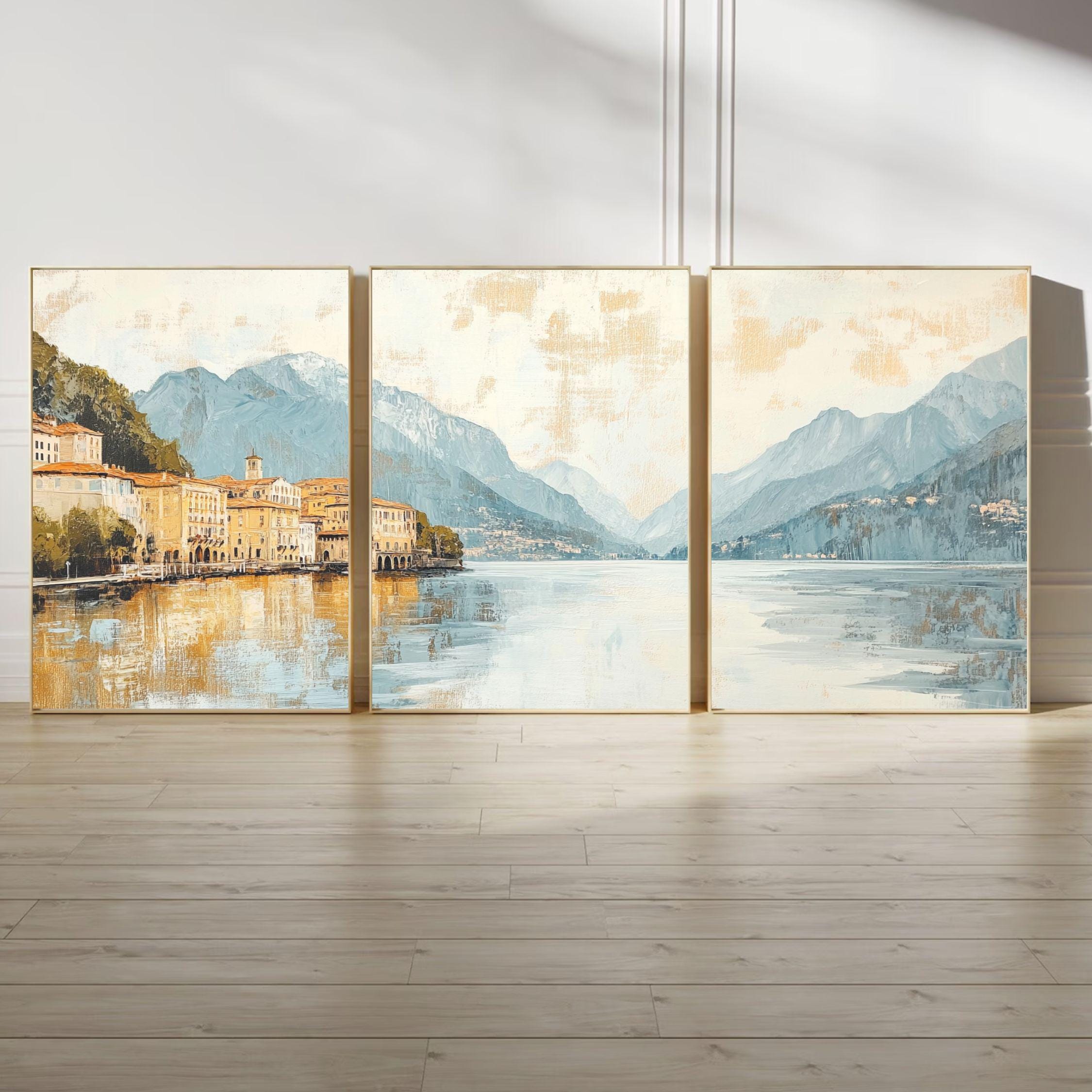 Lake Como Italy 3-Panel Wall Art – Elegant European Landscape Painting, Italian Villa & Mountain Triptych