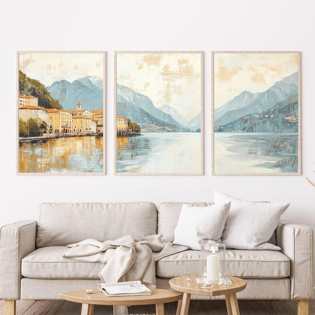 Lake Como Italy 3-Panel Wall Art – Elegant European Landscape Painting, Italian Villa & Mountain Triptych