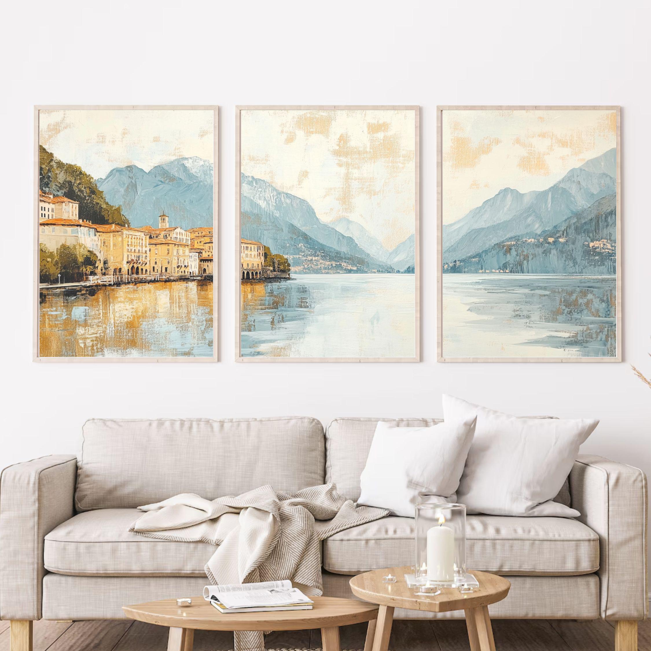 Lake Como Italy 3-Panel Wall Art – Elegant European Landscape Painting, Italian Villa & Mountain Triptych