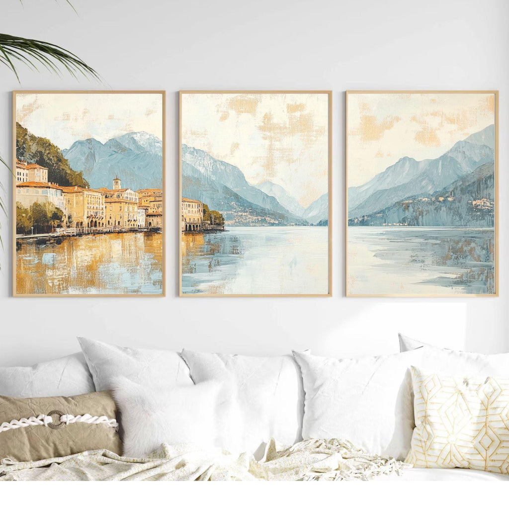 Lake Como Italy 3-Panel Wall Art – Elegant European Landscape Painting, Italian Villa & Mountain Triptych