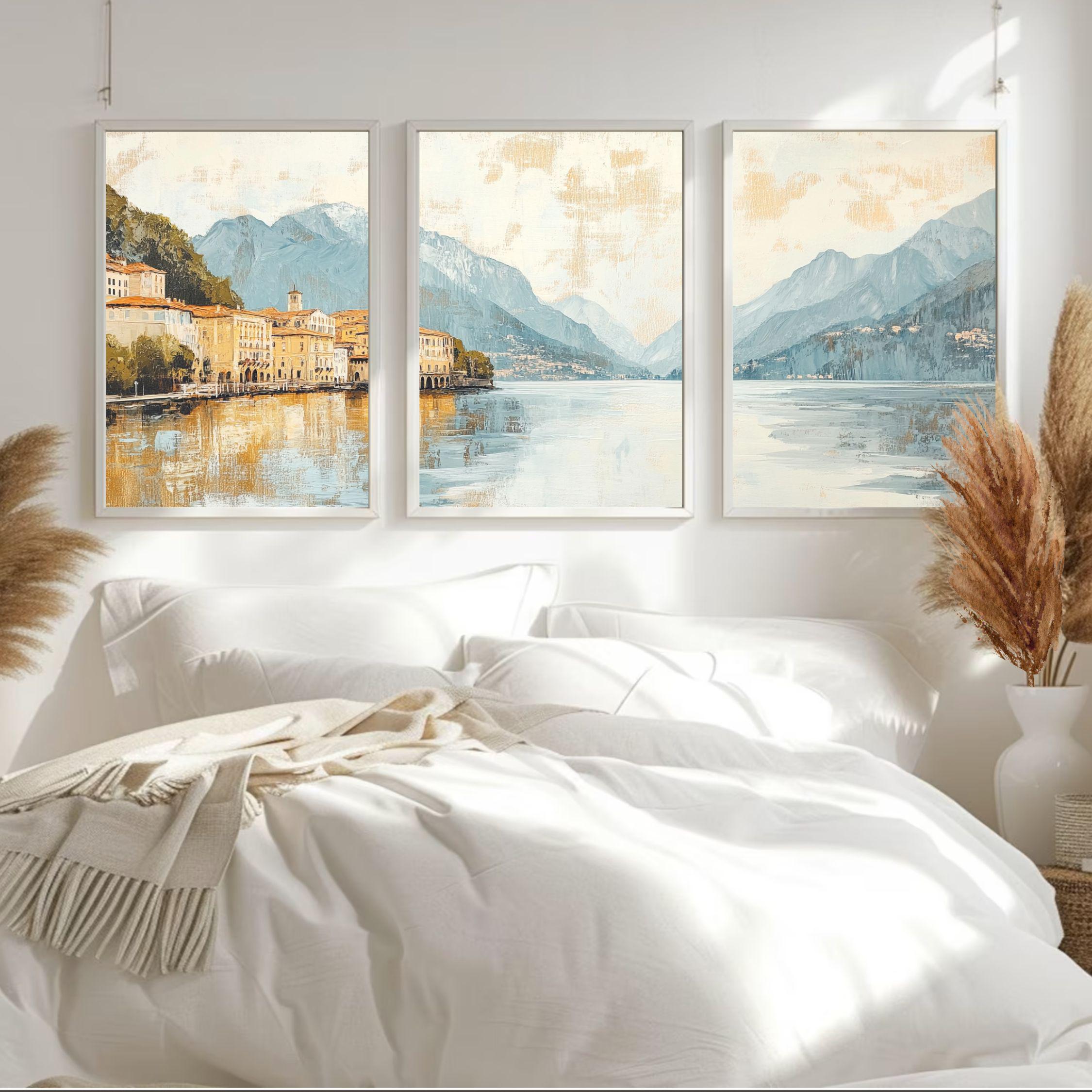 Lake Como Italy 3-Panel Wall Art – Elegant European Landscape Painting, Italian Villa & Mountain Triptych