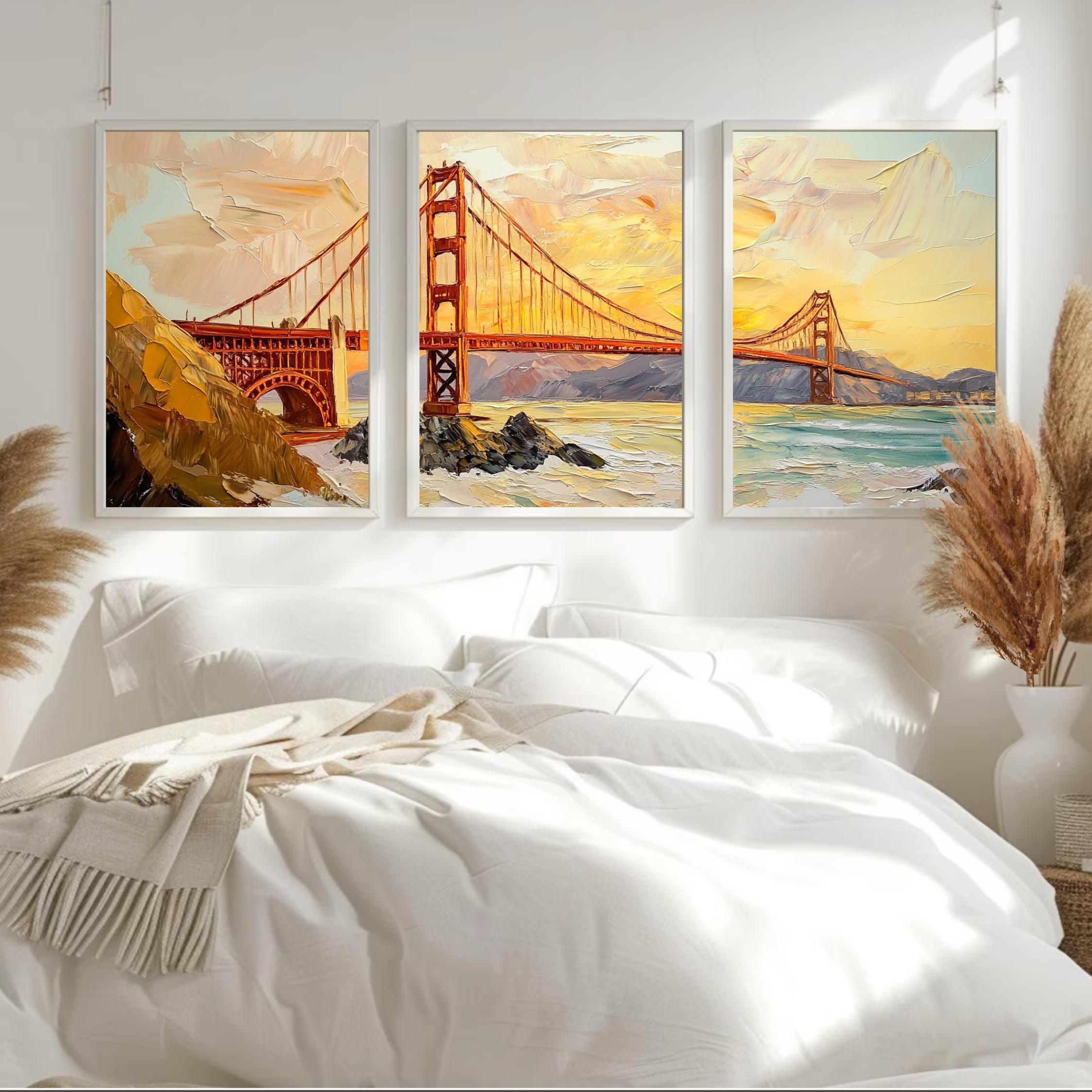Golden Gate Bridge 3-Panel Wall Art – San Francisco Landmark Painting, Sunset Cityscape Triptych