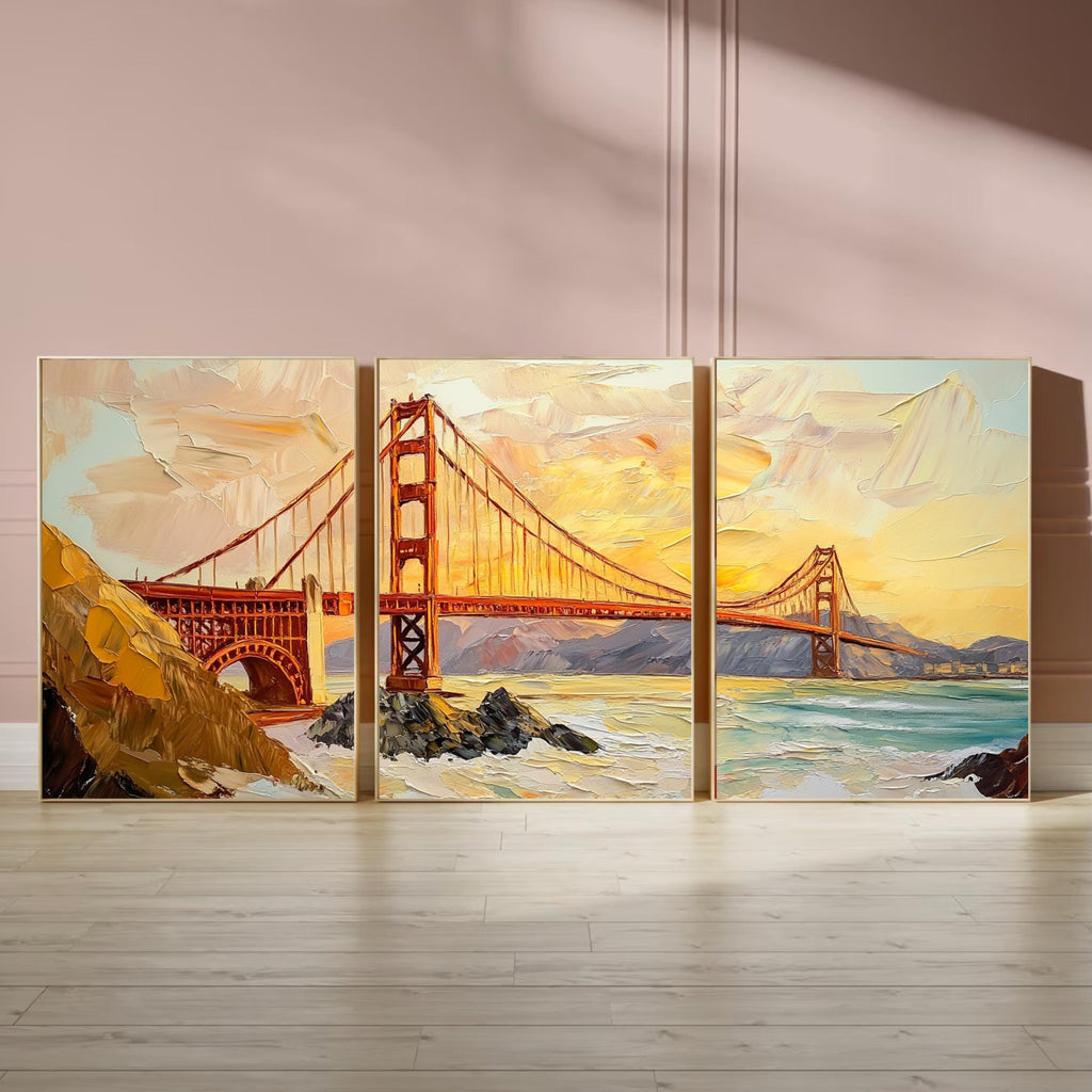 Golden Gate Bridge 3-Panel Wall Art – San Francisco Landmark Painting, Sunset Cityscape Triptych
