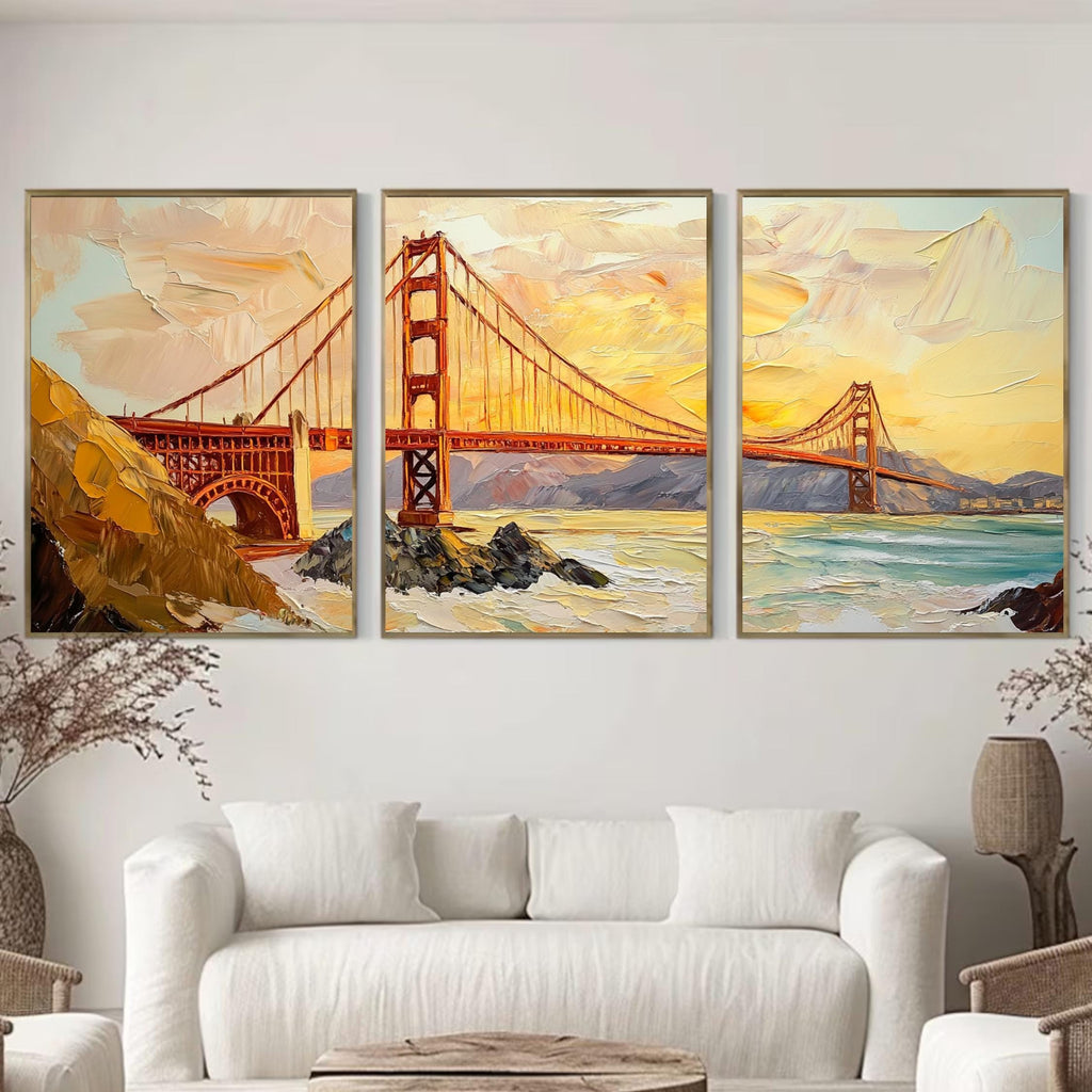 Golden Gate Bridge 3-Panel Wall Art – San Francisco Landmark Painting, Sunset Cityscape Triptych