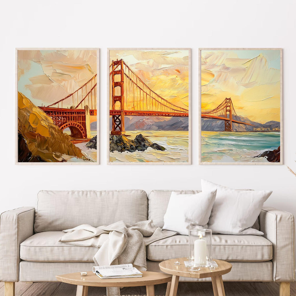 Golden Gate Bridge 3-Panel Wall Art – San Francisco Landmark Painting, Sunset Cityscape Triptych