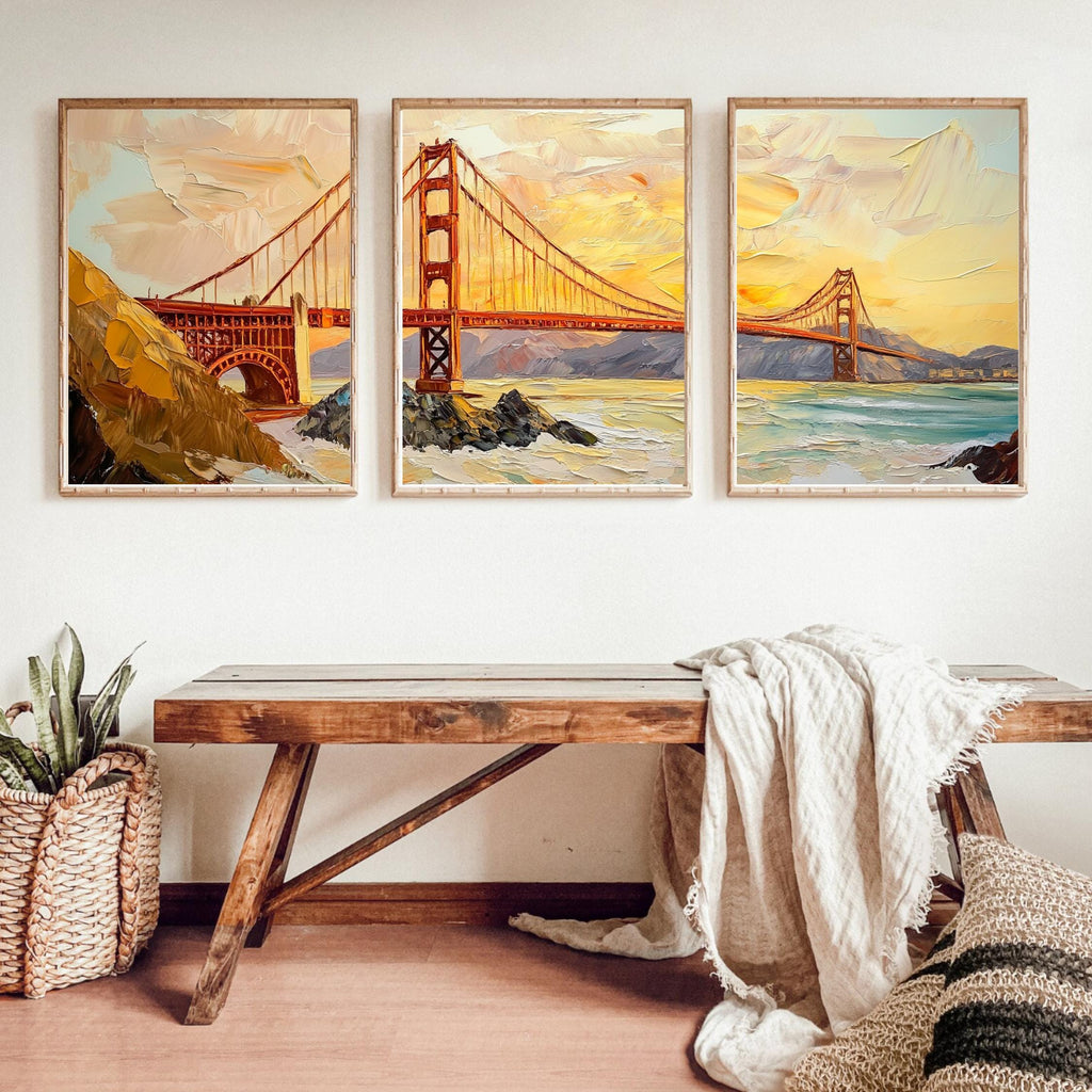 Golden Gate Bridge 3-Panel Wall Art – San Francisco Landmark Painting, Sunset Cityscape Triptych