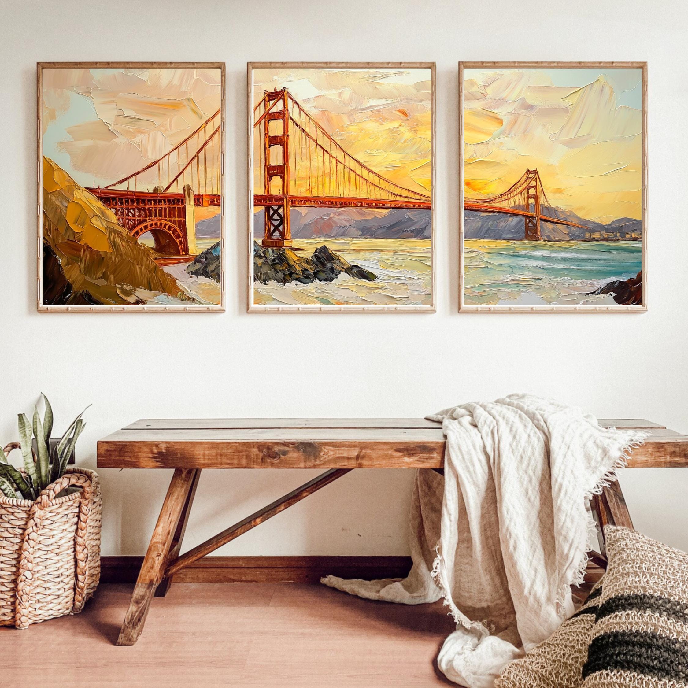 Golden Gate Bridge 3-Panel Wall Art – San Francisco Landmark Painting, Sunset Cityscape Triptych