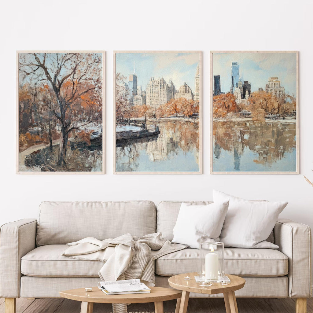 Central Park New York 3-Panel Wall Art – Autumn Cityscape Painting, NYC Skyline & Park Trio