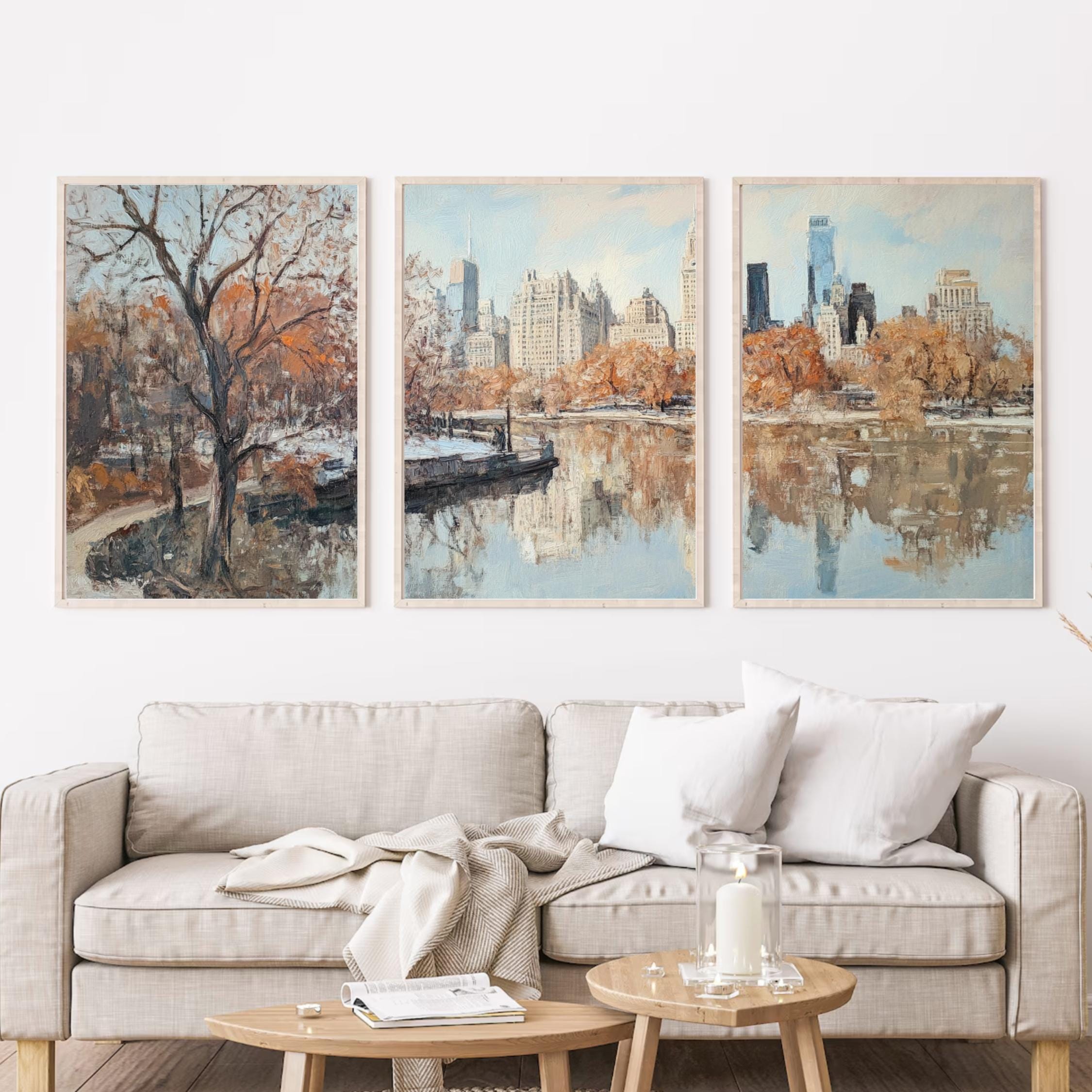 Central Park New York 3-Panel Wall Art – Autumn Cityscape Painting, NYC Skyline & Park Trio