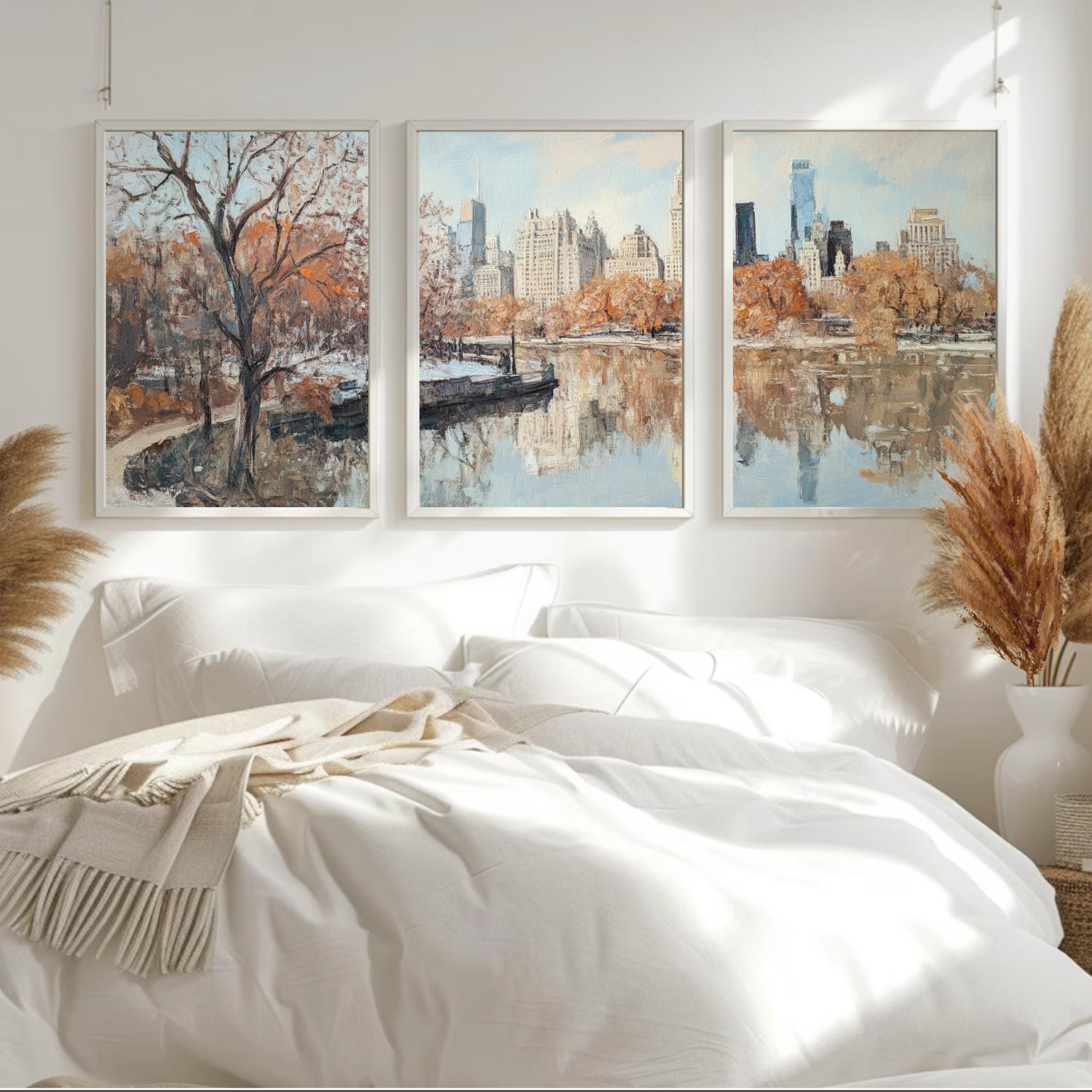 Central Park New York 3-Panel Wall Art – Autumn Cityscape Painting, NYC Skyline & Park Trio