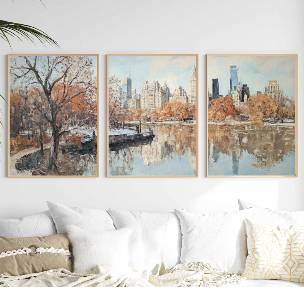 Central Park New York 3-Panel Wall Art – Autumn Cityscape Painting, NYC Skyline & Park Trio