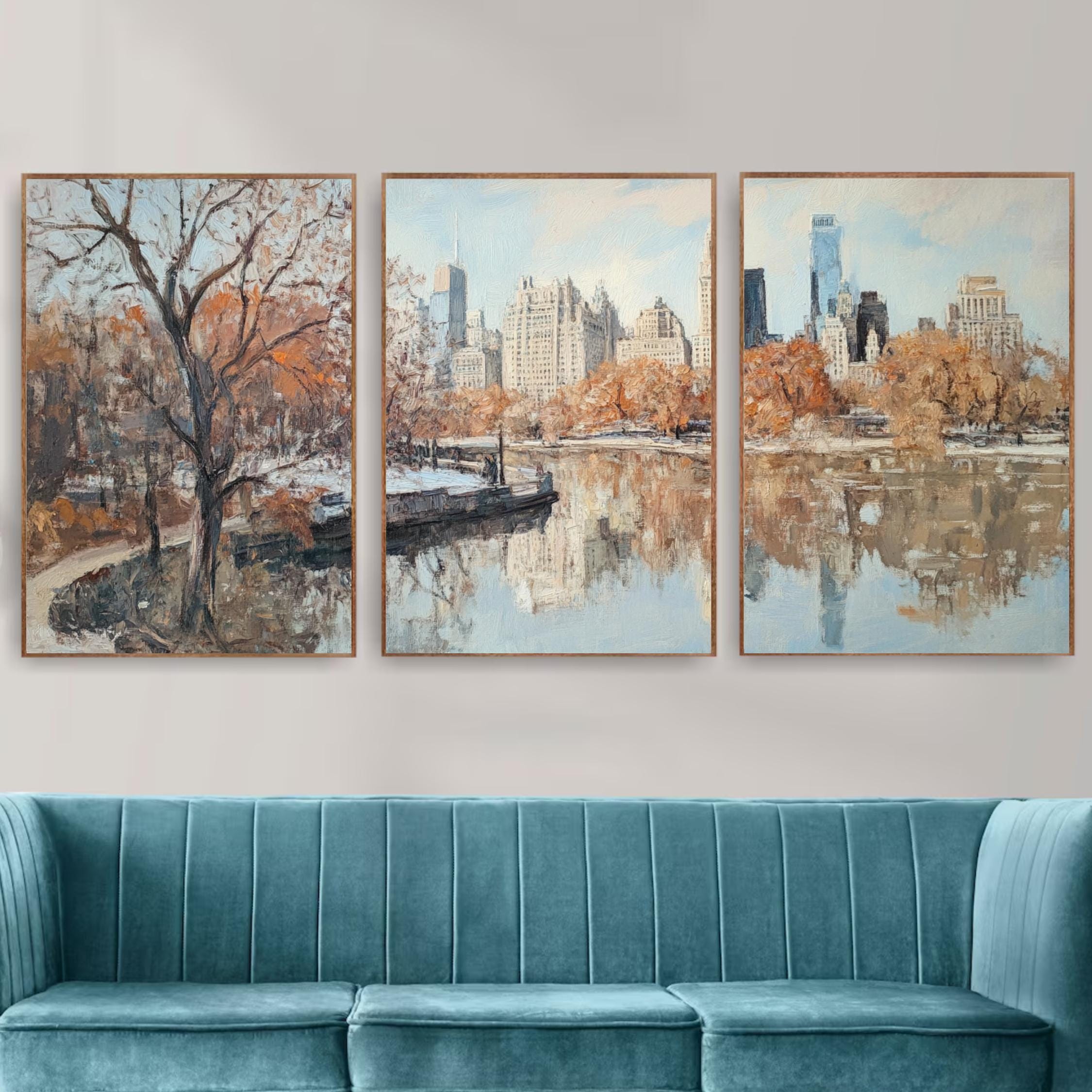 Central Park New York 3-Panel Wall Art – Autumn Cityscape Painting, NYC Skyline & Park Trio