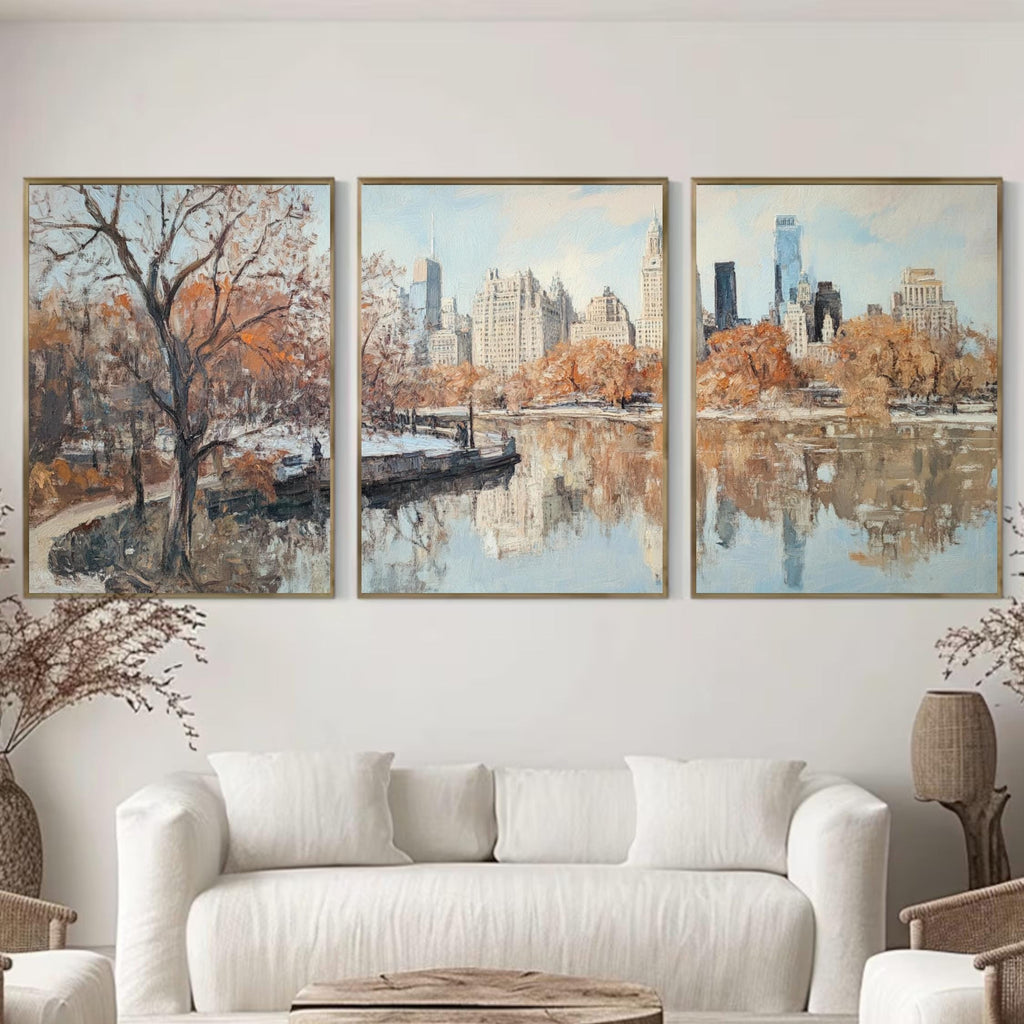 Central Park New York 3-Panel Wall Art – Autumn Cityscape Painting, NYC Skyline & Park Trio