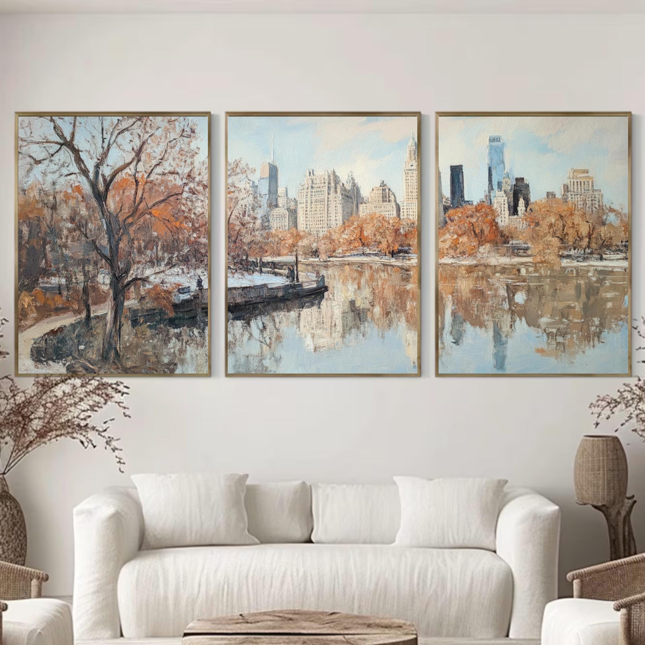 Central Park New York 3-Panel Wall Art – Autumn Cityscape Painting, NYC Skyline & Park Trio