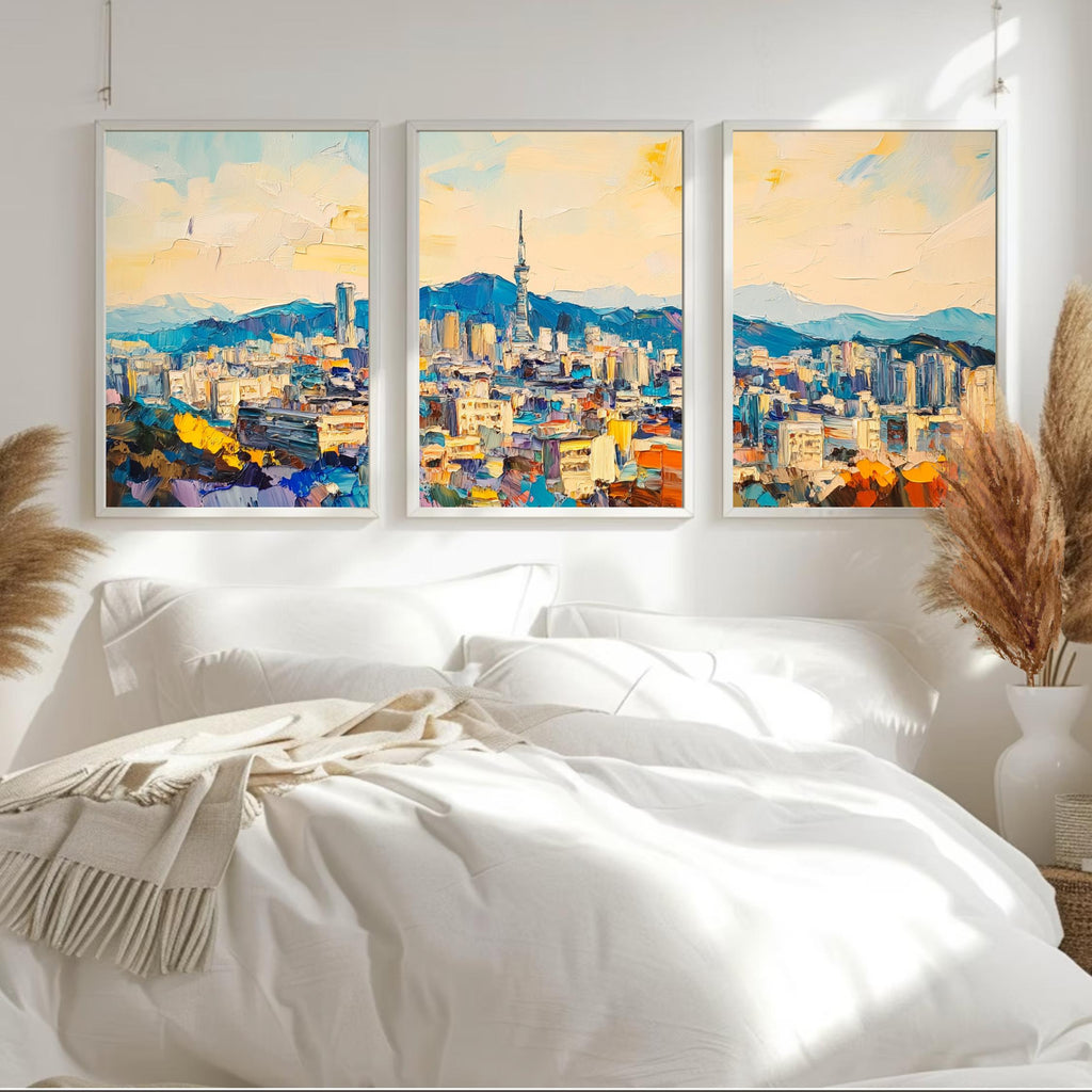 Bukhansan Seoul 3-Panel Wall Art – Vibrant Cityscape Painting, South Korea Skyline & Mountain Triptych