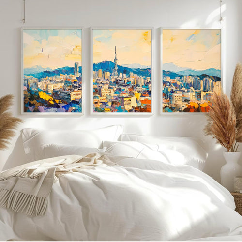 Bukhansan Seoul 3-Panel Wall Art – Vibrant Cityscape Painting, South Korea Skyline & Mountain Triptych