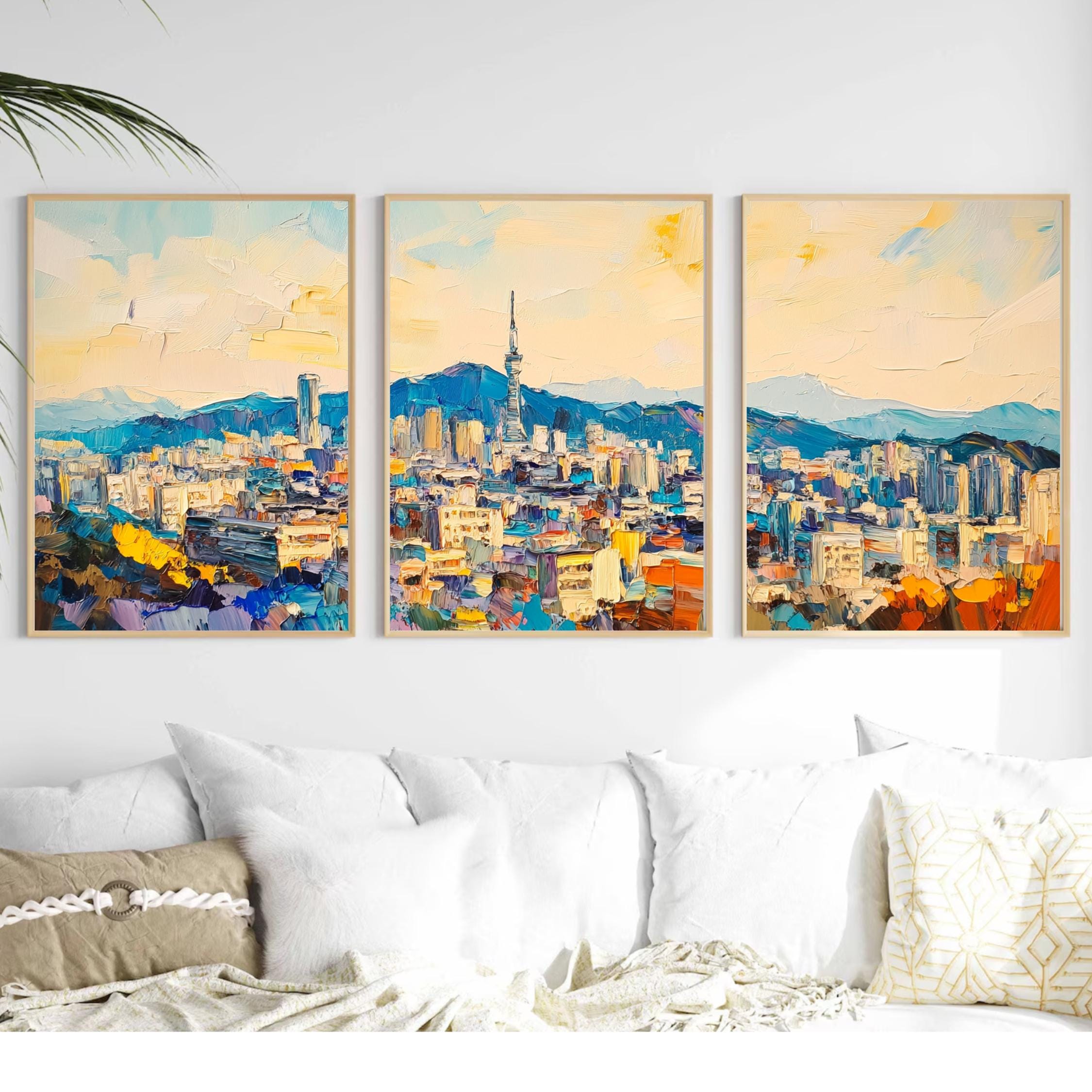 Bukhansan Seoul 3-Panel Wall Art – Vibrant Cityscape Painting, South Korea Skyline & Mountain Triptych