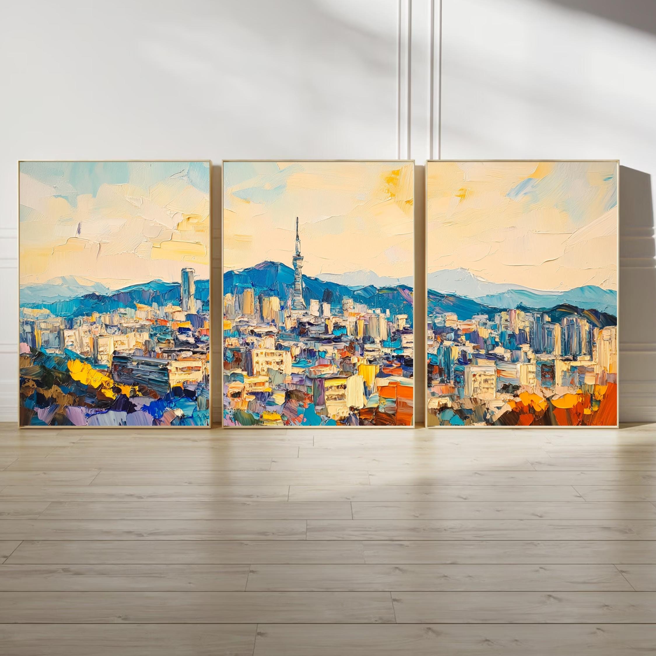 Bukhansan Seoul 3-Panel Wall Art – Vibrant Cityscape Painting, South Korea Skyline & Mountain Triptych