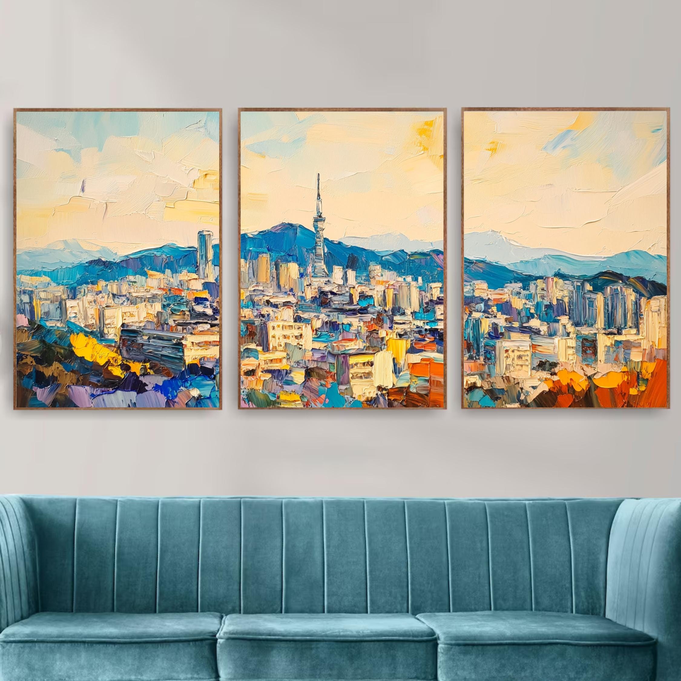 Bukhansan Seoul 3-Panel Wall Art – Vibrant Cityscape Painting, South Korea Skyline & Mountain Triptych