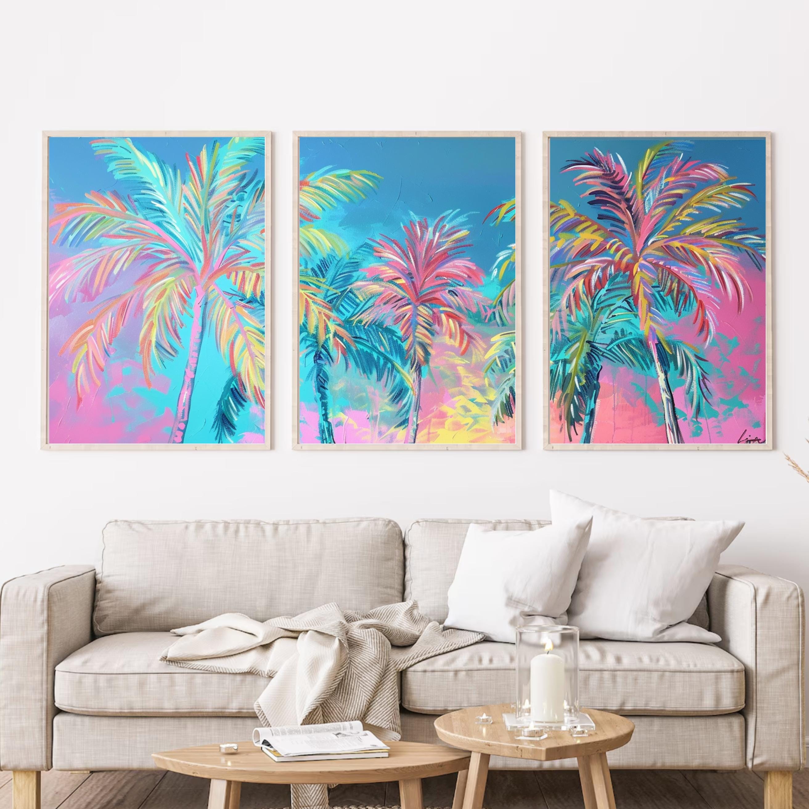 Neon Palm Tree Trio: Pastel Neon Paradise Wall Art Set, Three-Piece Poster Set , Perfect for above the Couch or Bed