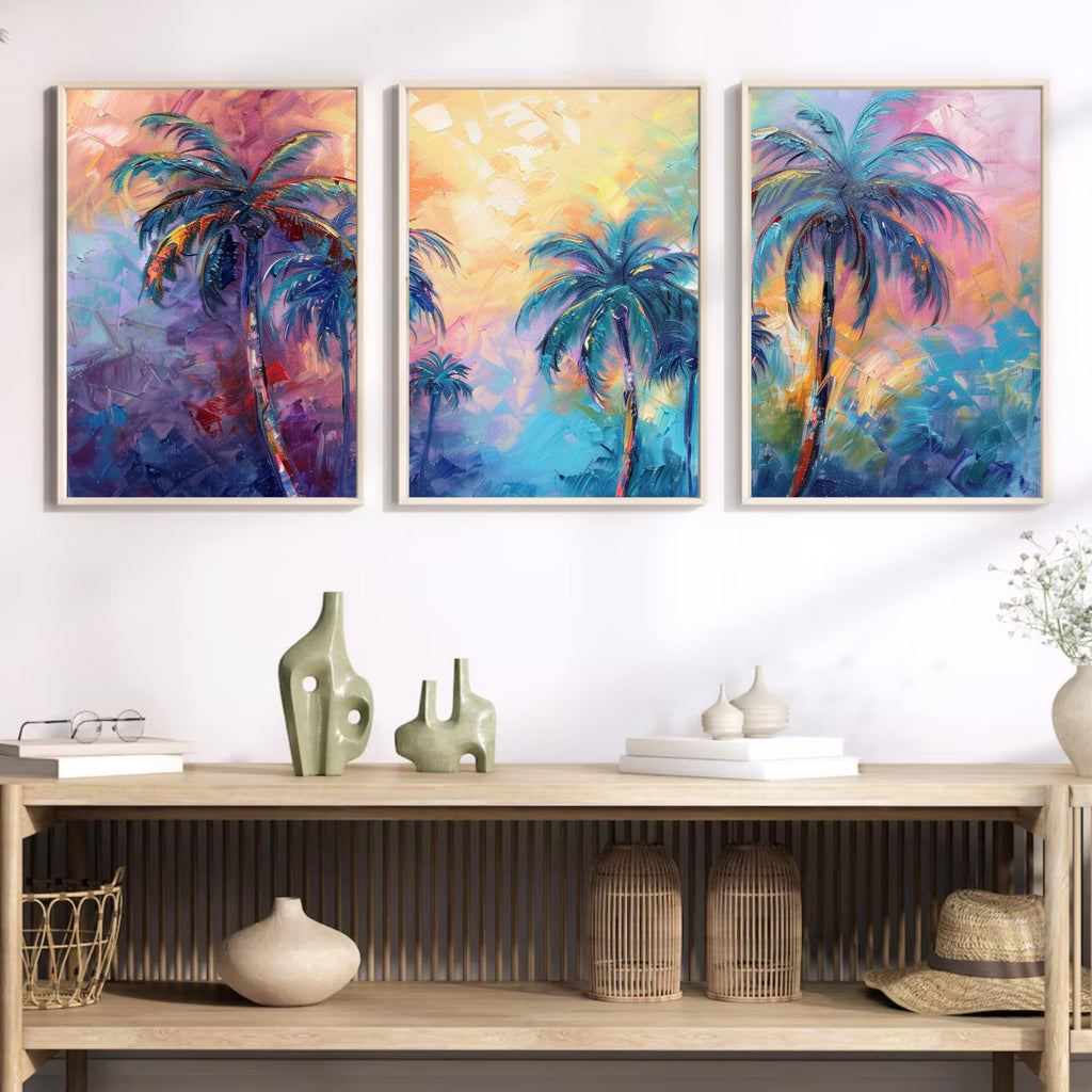 Rainbow Palm Tree Trio: Pastel Paradise Wall Art Set, Three-Piece Poster Set , Perfect for above the Couch or Bed