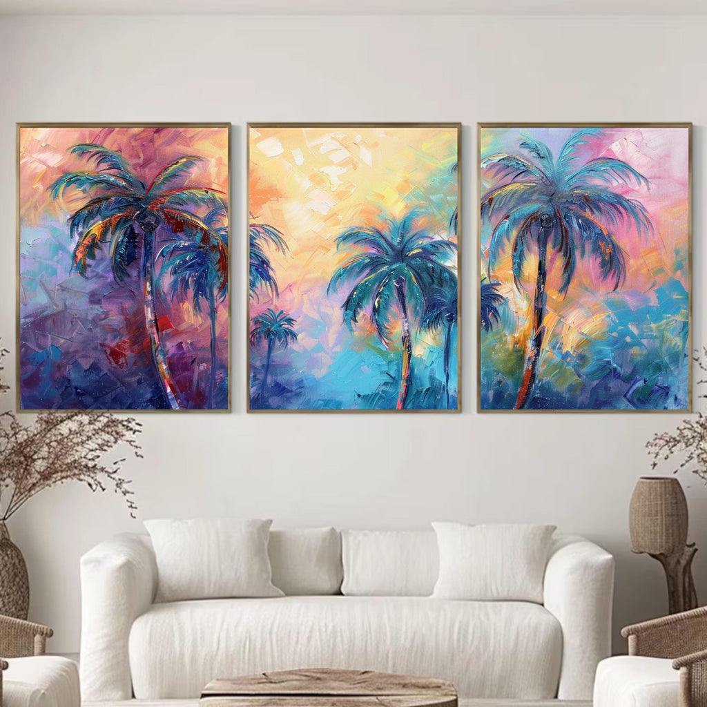 Rainbow Palm Tree Trio: Pastel Paradise Wall Art Set, Three-Piece Poster Set , Perfect for above the Couch or Bed