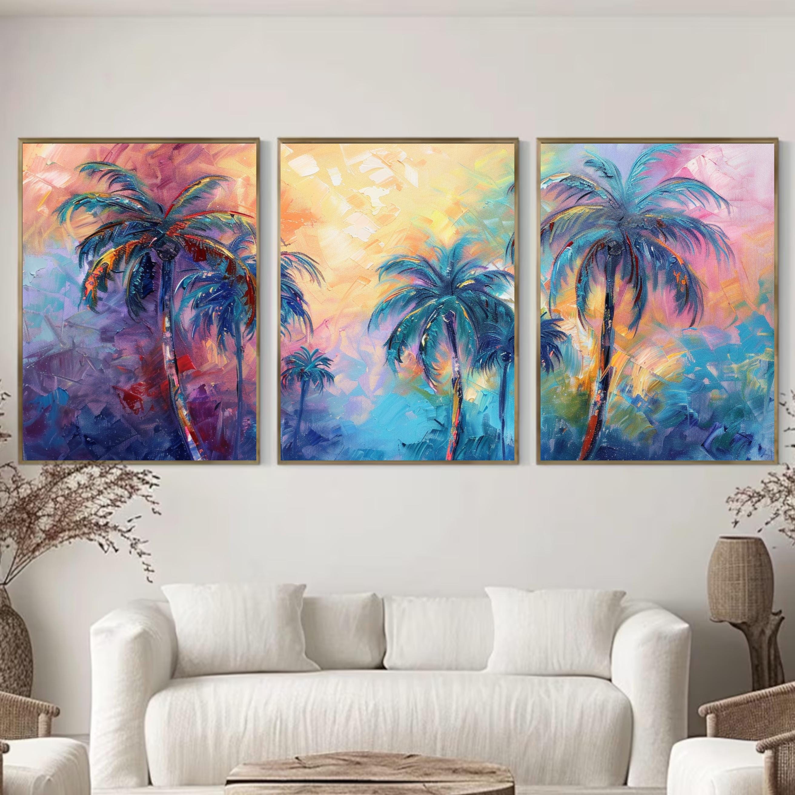 Rainbow Palm Tree Trio: Pastel Paradise Wall Art Set, Three-Piece Poster Set , Perfect for above the Couch or Bed