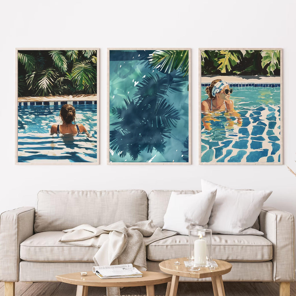 Swimming Pool Art Set of 3 | Tranquil Pool Painting with Women reflecting Water | Palm Springs inspired Watercolor Painting made into Prints