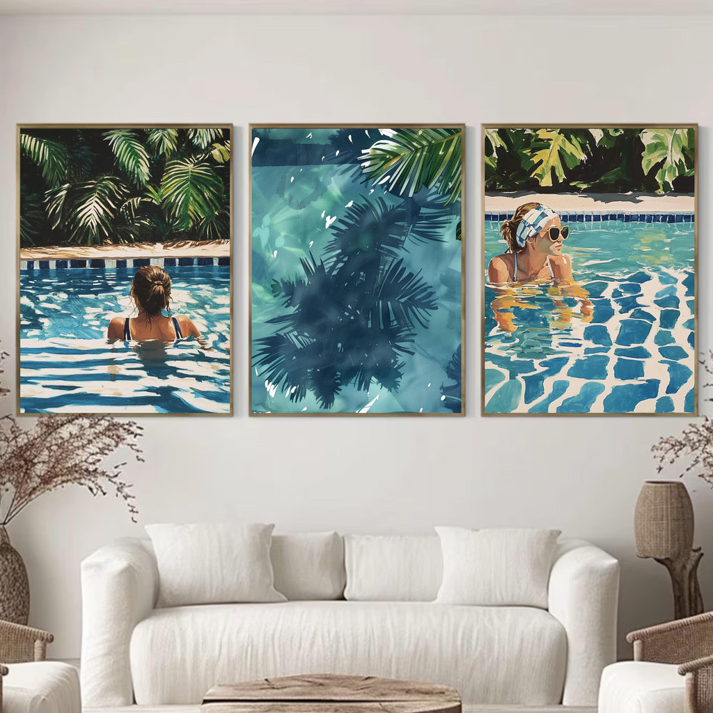 Swimming Pool Art Set of 3 | Tranquil Pool Painting with Women reflecting Water | Palm Springs inspired Watercolor Painting made into Prints