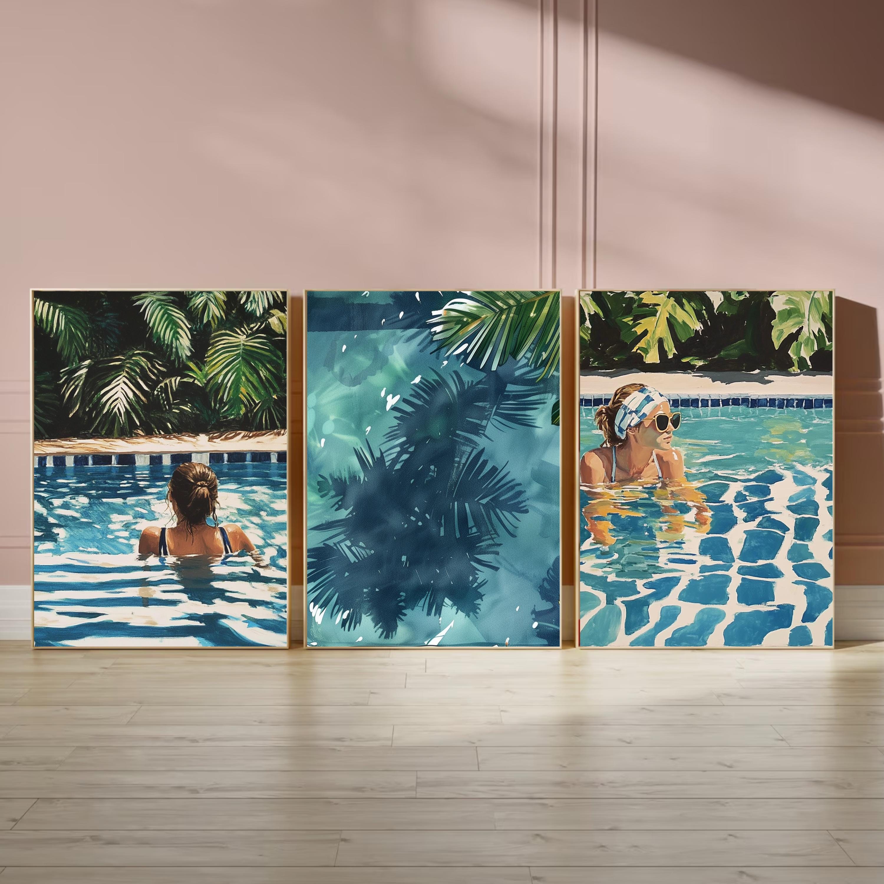 Swimming Pool Art Set of 3 | Tranquil Pool Painting with Women reflecting Water | Palm Springs inspired Watercolor Painting made into Prints