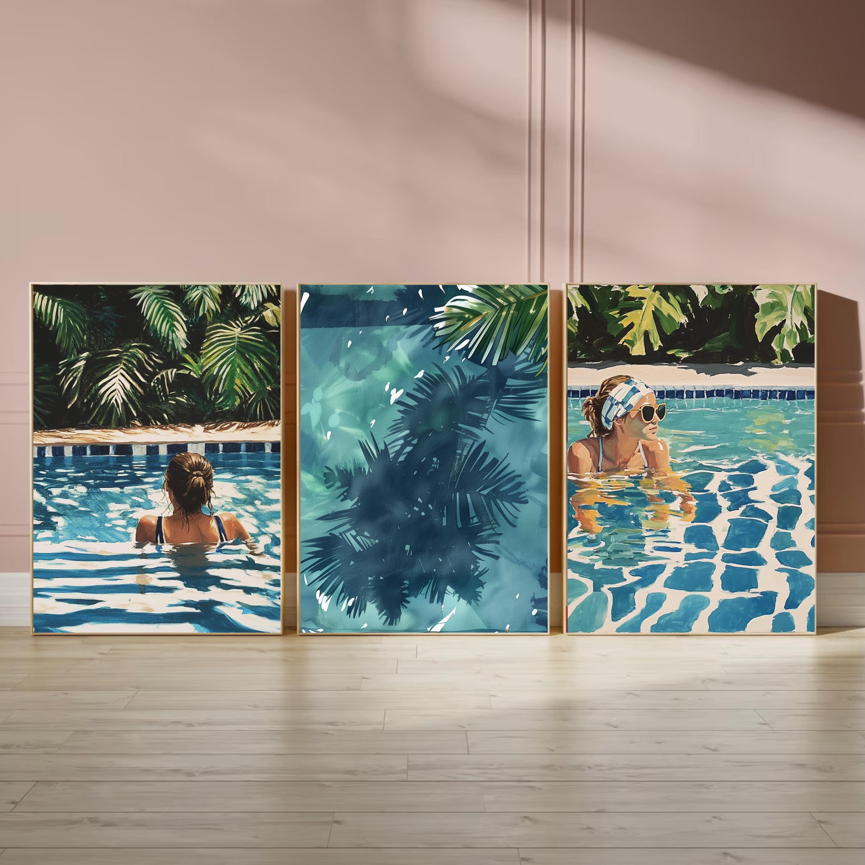 Swimming Pool Art Set of 3 | Tranquil Pool Painting with Women reflecting Water | Palm Springs inspired Watercolor Painting made into Prints